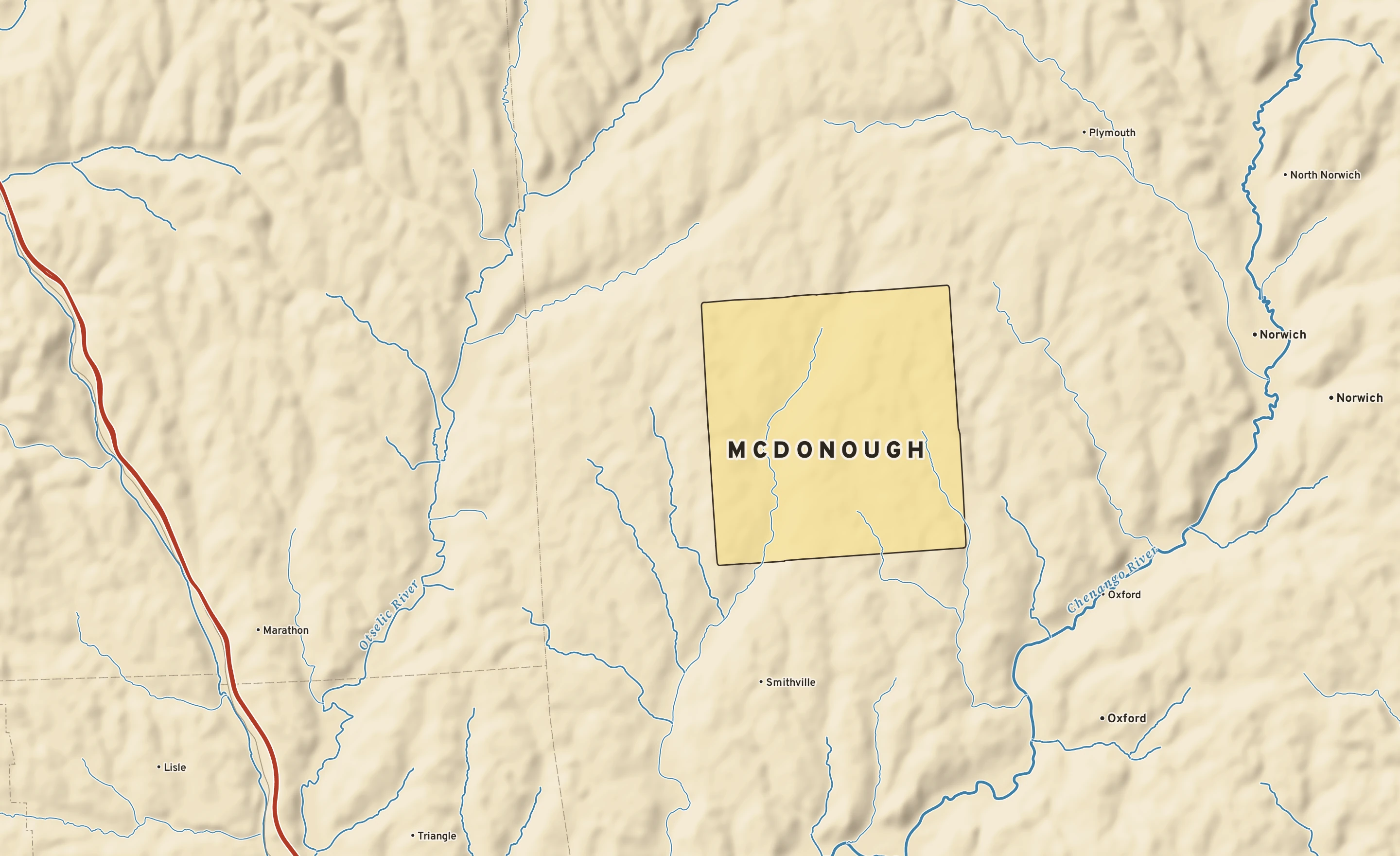 Shaded-relief atlas plate of McDonough, New York: rivers, roads, the city limits and where the water drains.