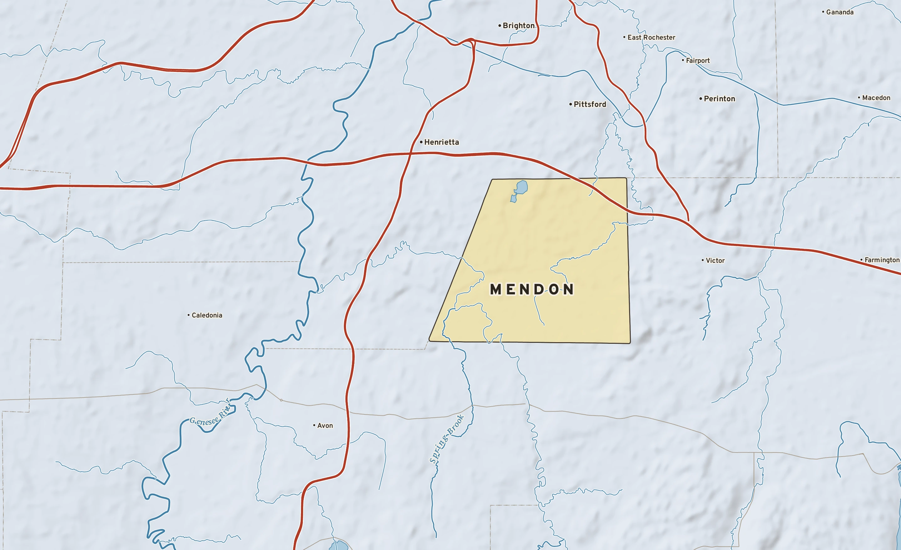 Shaded-relief atlas plate of Mendon, New York: rivers, roads, the city limits and where the water drains.