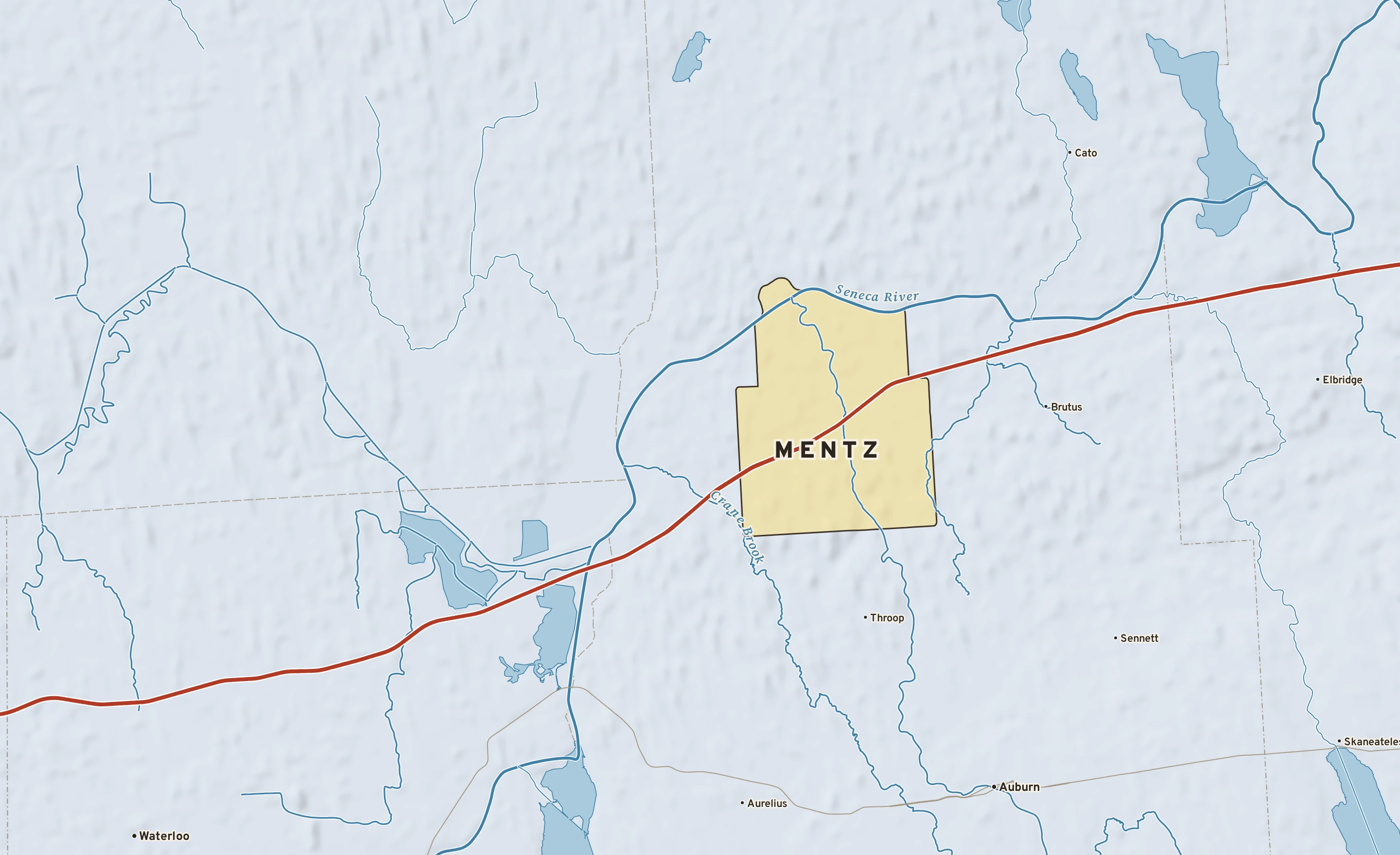 Shaded-relief atlas plate of Mentz, New York: rivers, roads, the city limits and where the water drains.