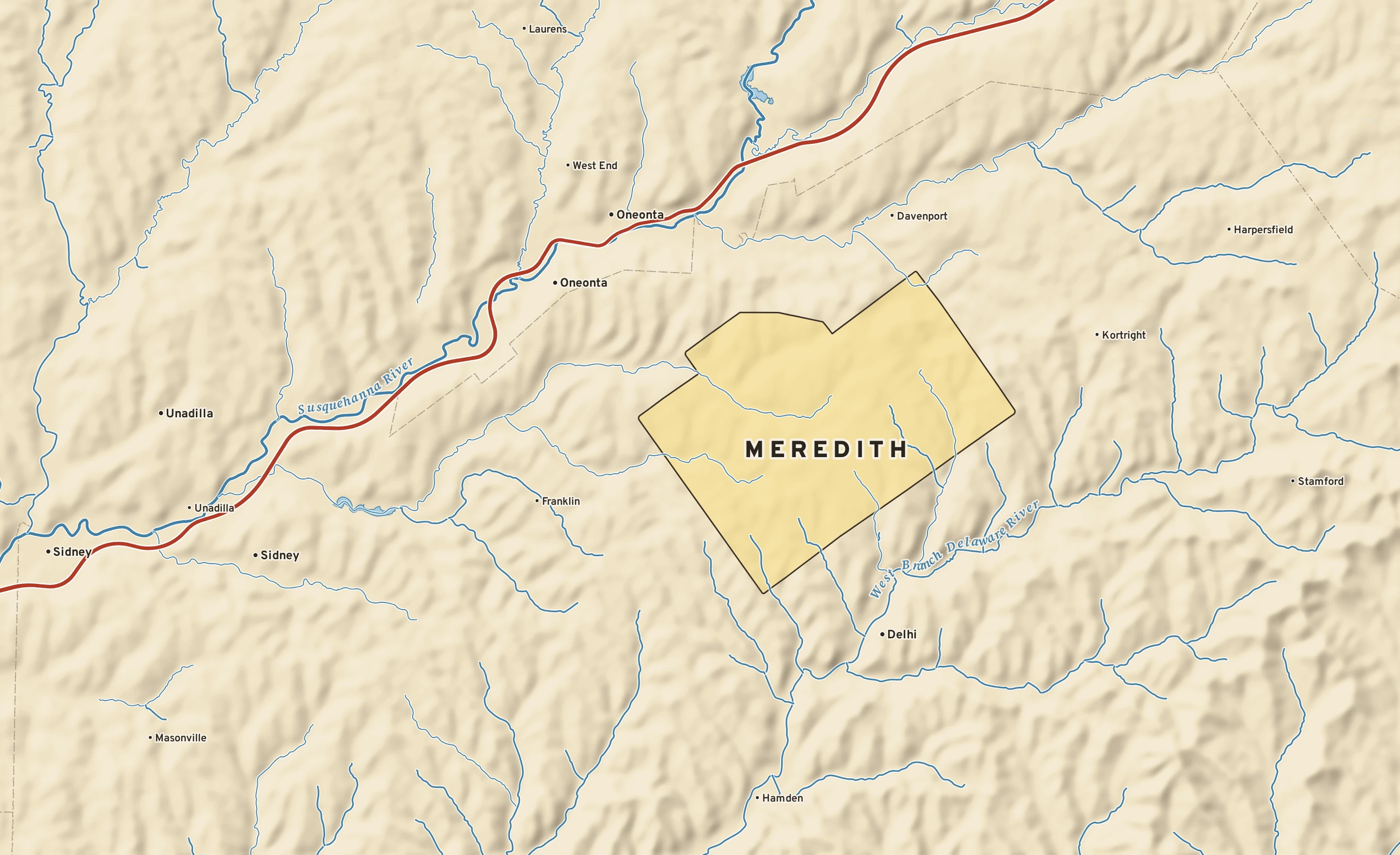 Shaded-relief atlas plate of Meredith, New York: rivers, roads, the city limits and where the water drains.