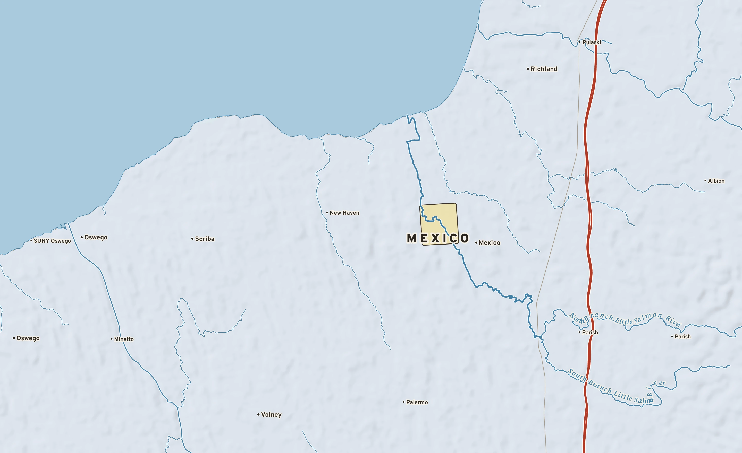 Shaded-relief atlas plate of Mexico, New York: rivers, roads, the city limits and where the water drains.