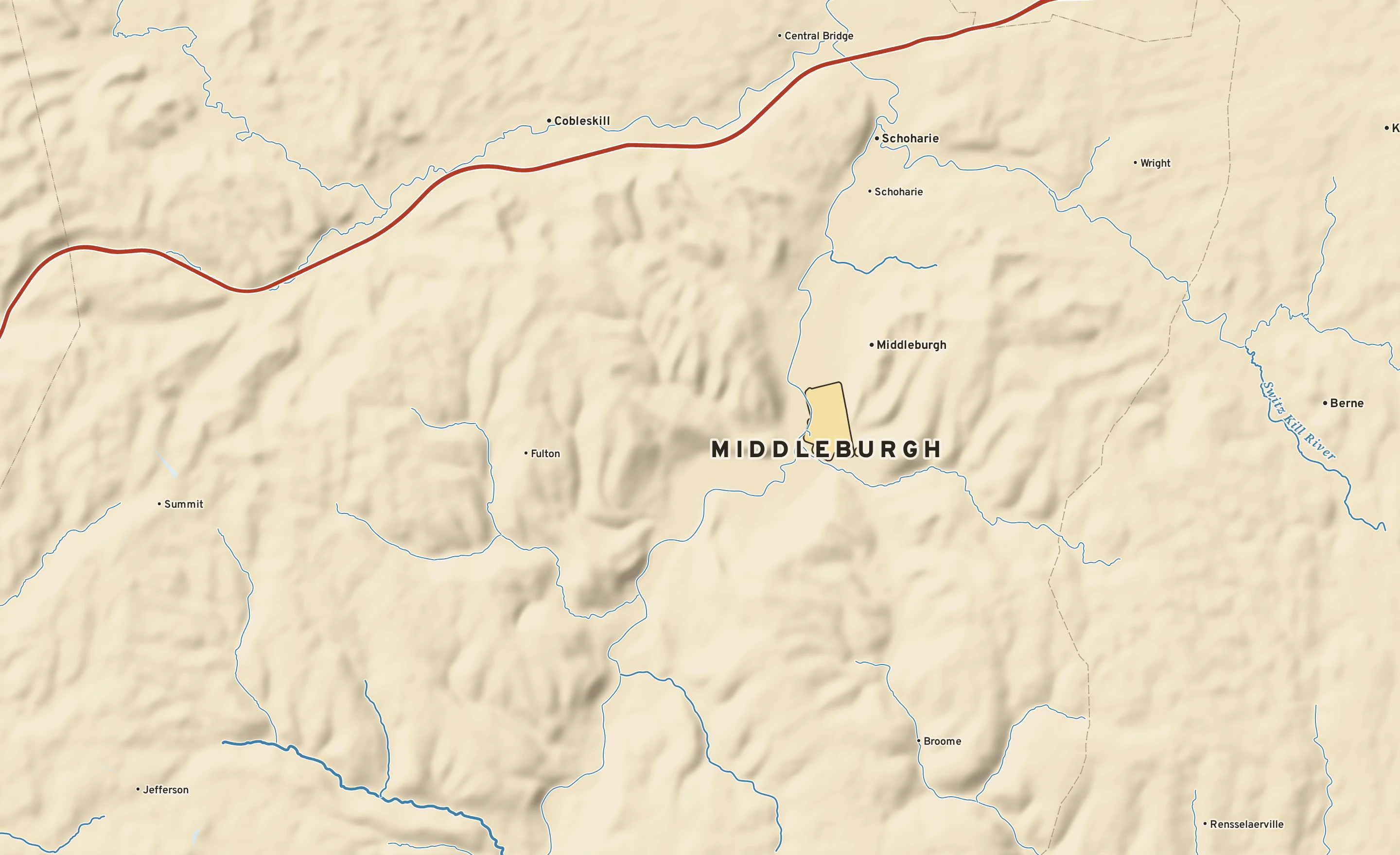 Shaded-relief atlas plate of Middleburgh, New York: rivers, roads, the city limits and where the water drains.