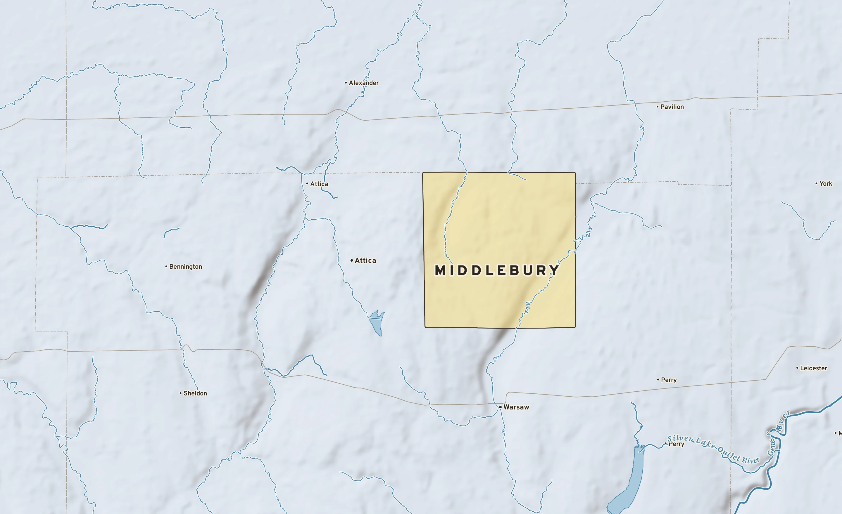 Shaded-relief atlas plate of Middlebury, New York: rivers, roads, the city limits and where the water drains.