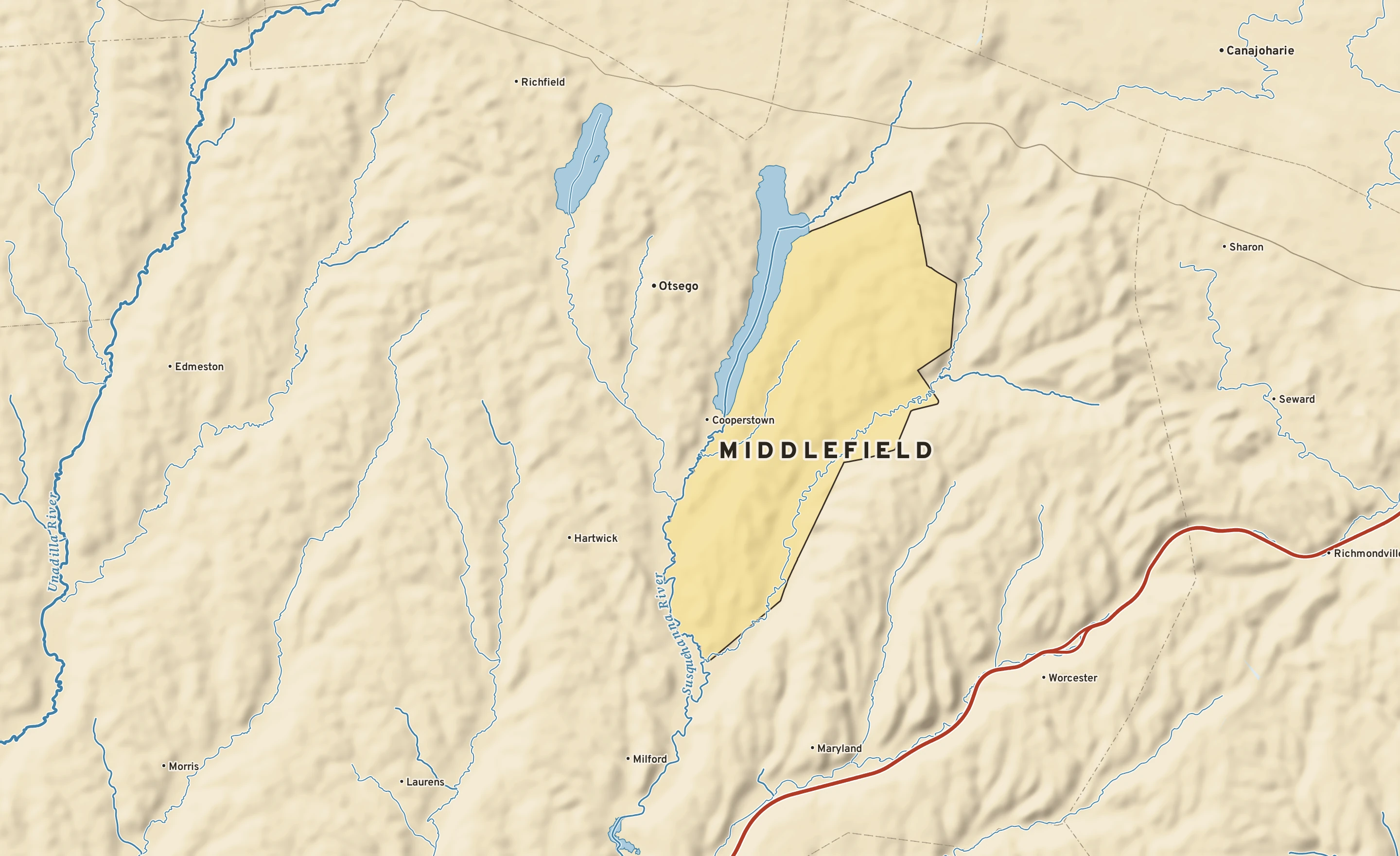 Shaded-relief atlas plate of Middlefield, New York: rivers, roads, the city limits and where the water drains.