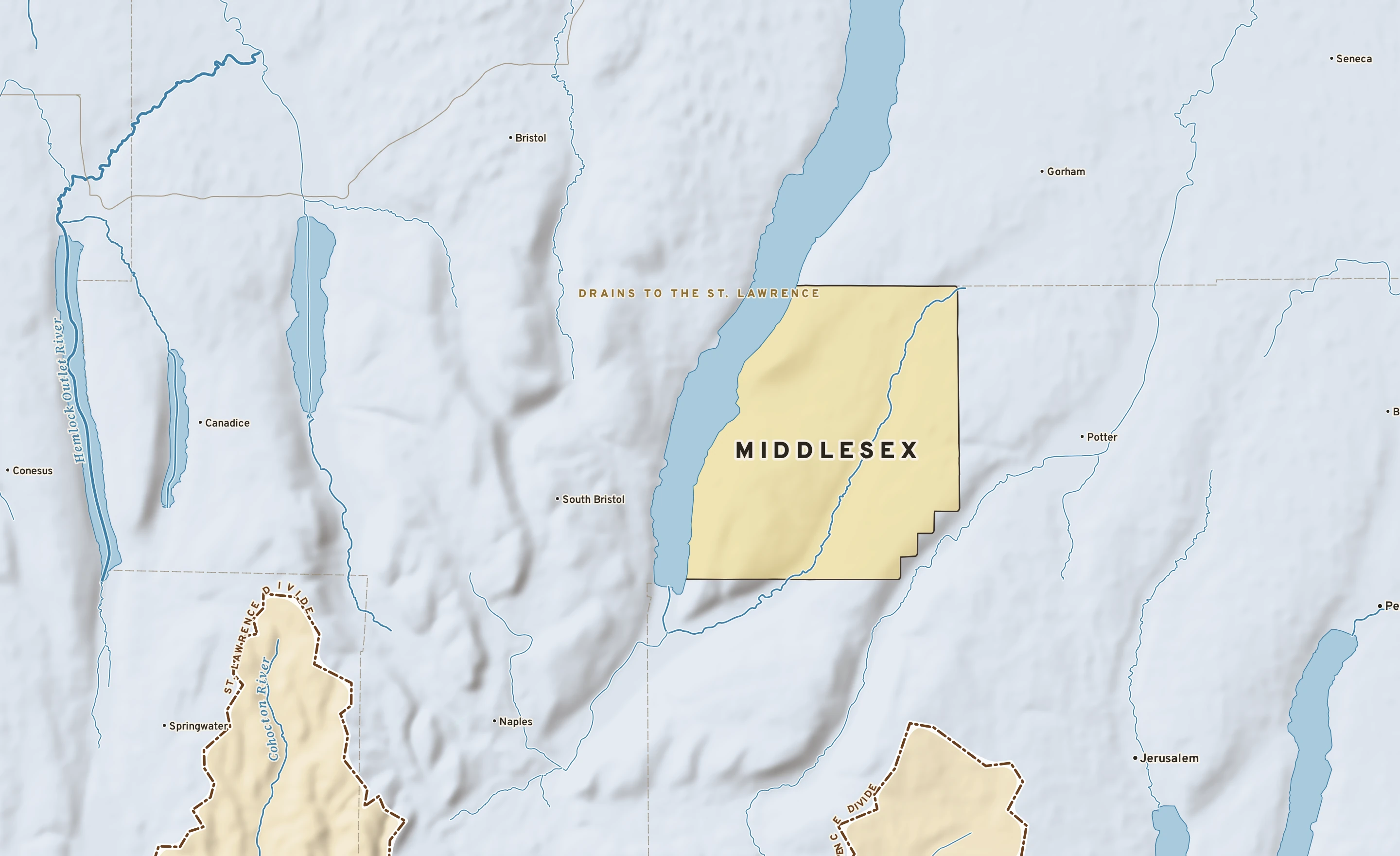 Shaded-relief atlas plate of Middlesex, New York: rivers, roads, the city limits and where the water drains.