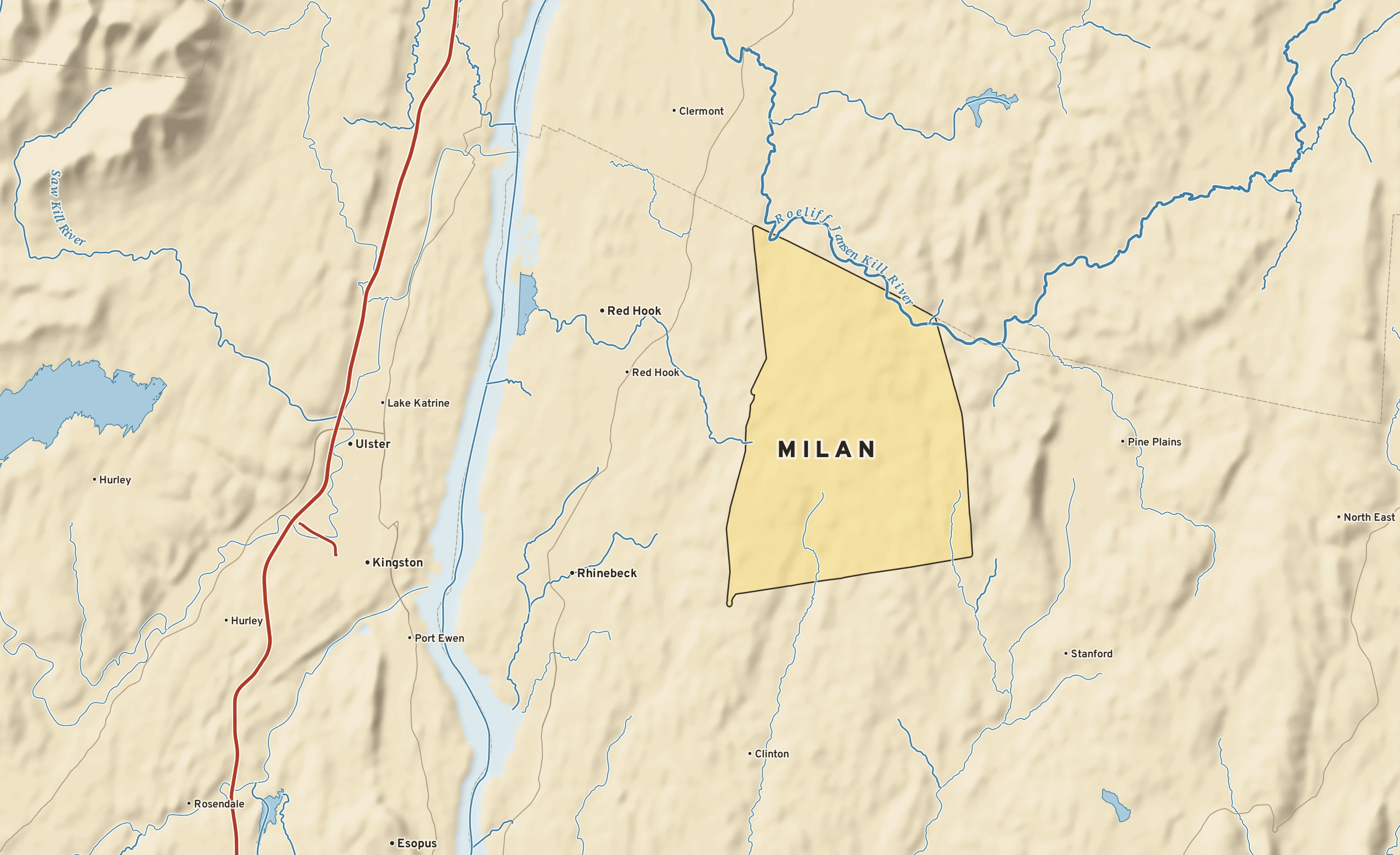 Shaded-relief atlas plate of Milan, New York: rivers, roads, the city limits and where the water drains.
