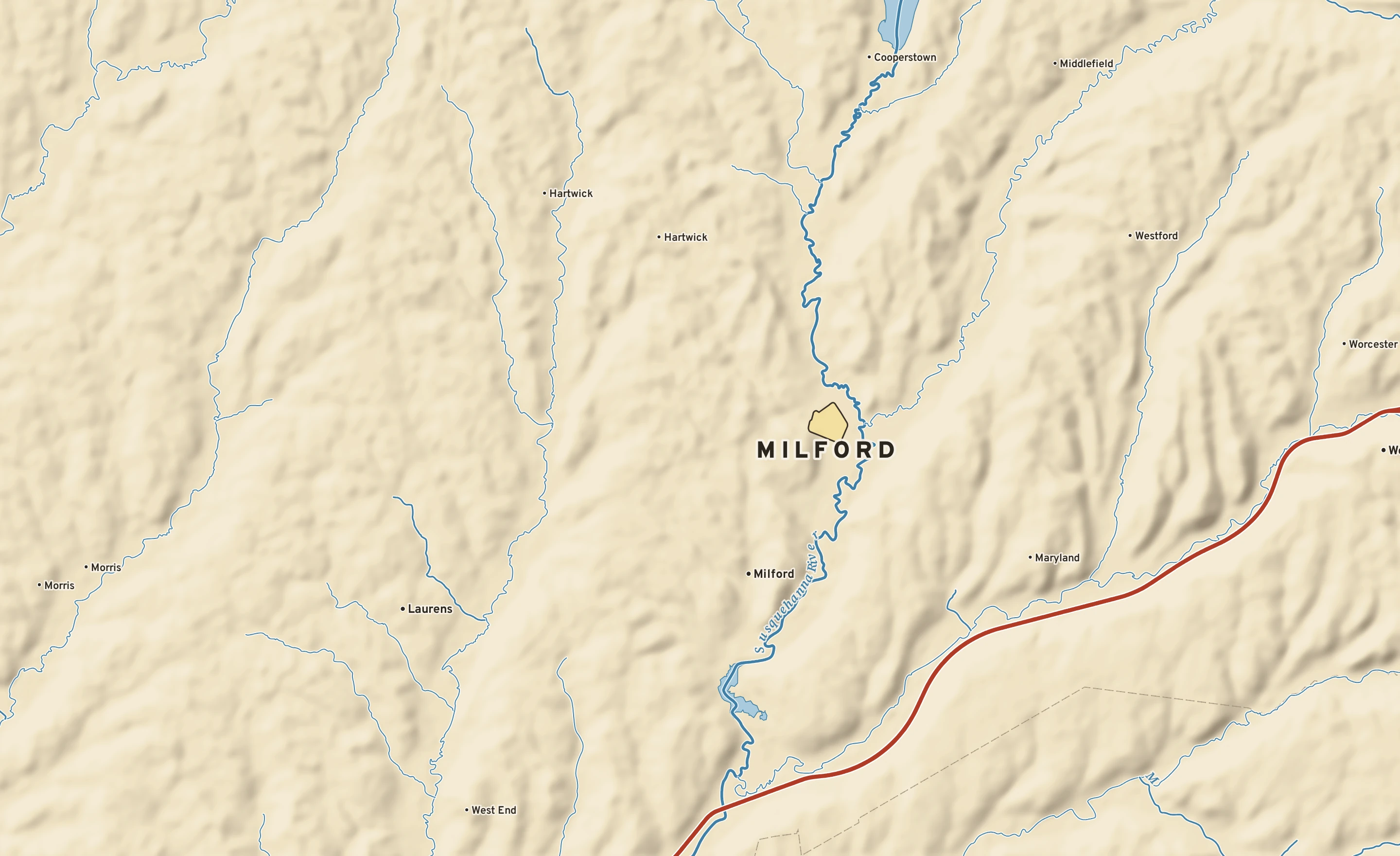 Shaded-relief atlas plate of Milford, New York: rivers, roads, the city limits and where the water drains.
