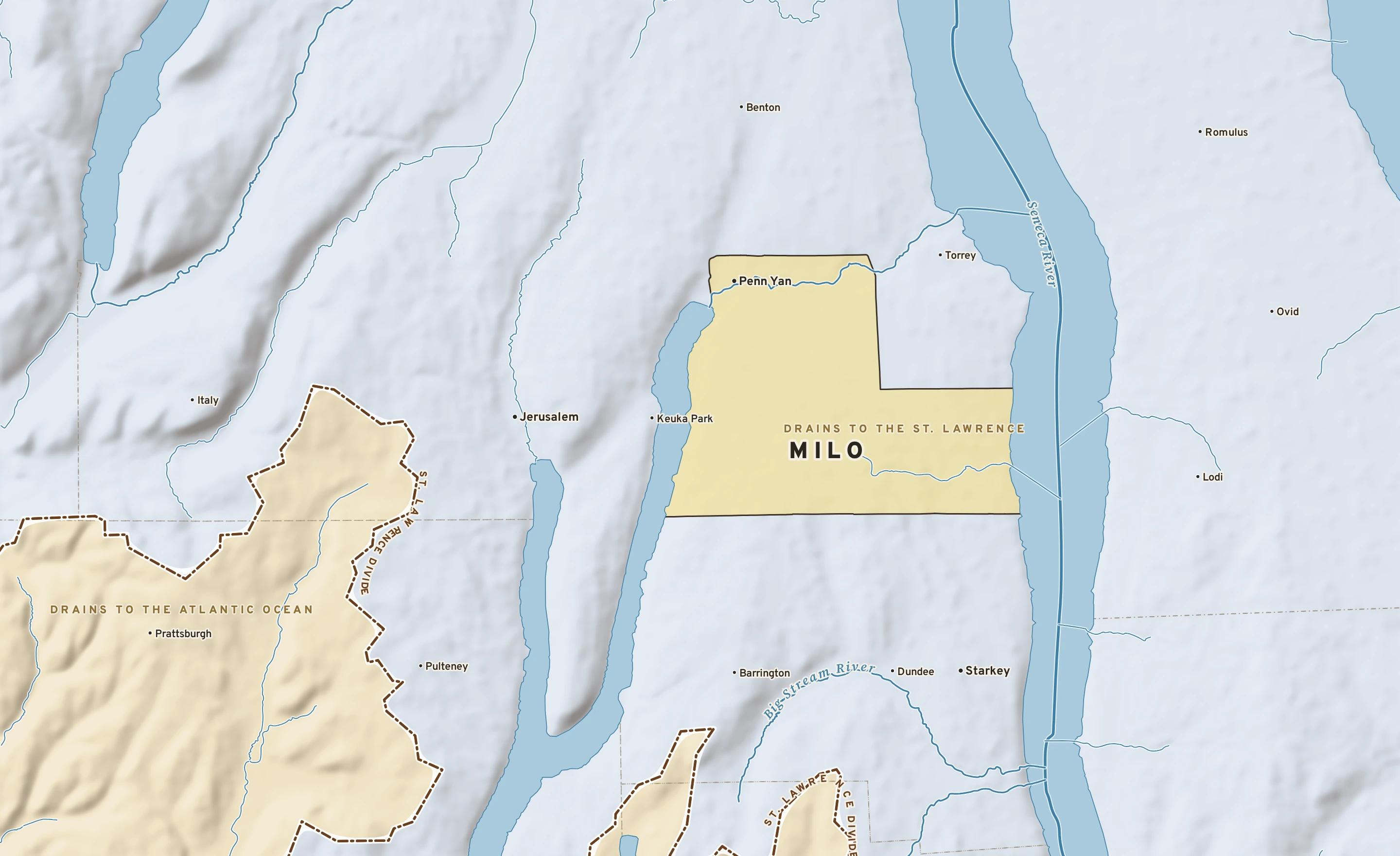 Shaded-relief atlas plate of Milo, New York: rivers, roads, the city limits and where the water drains.
