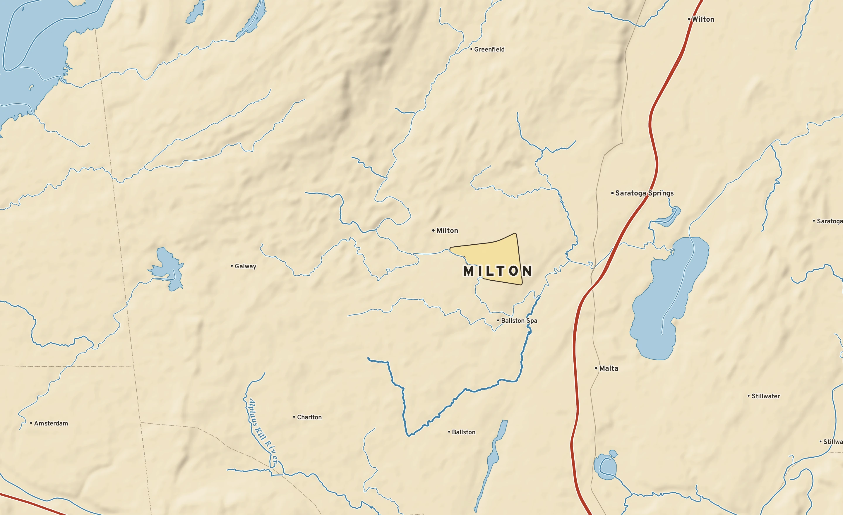 Shaded-relief atlas plate of Milton, New York: rivers, roads, the city limits and where the water drains.