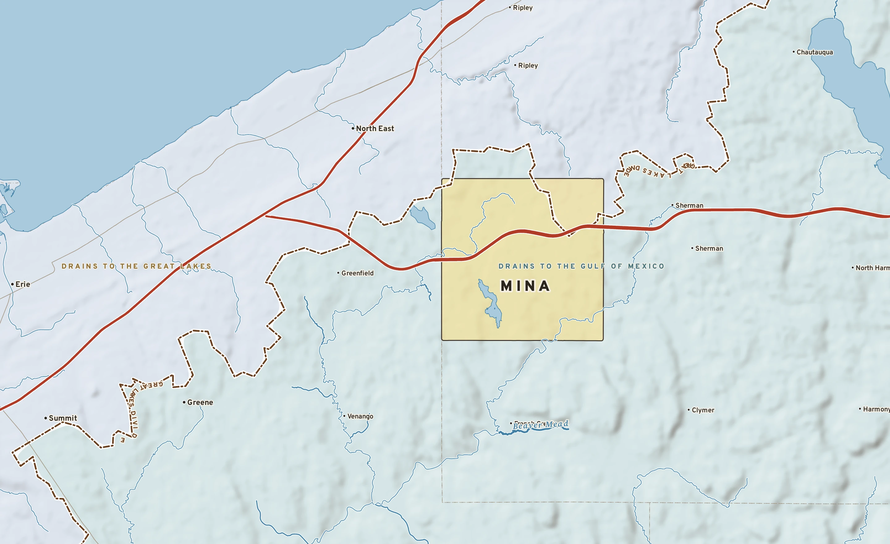 Shaded-relief atlas plate of Mina, New York: rivers, roads, the city limits and where the water drains.
