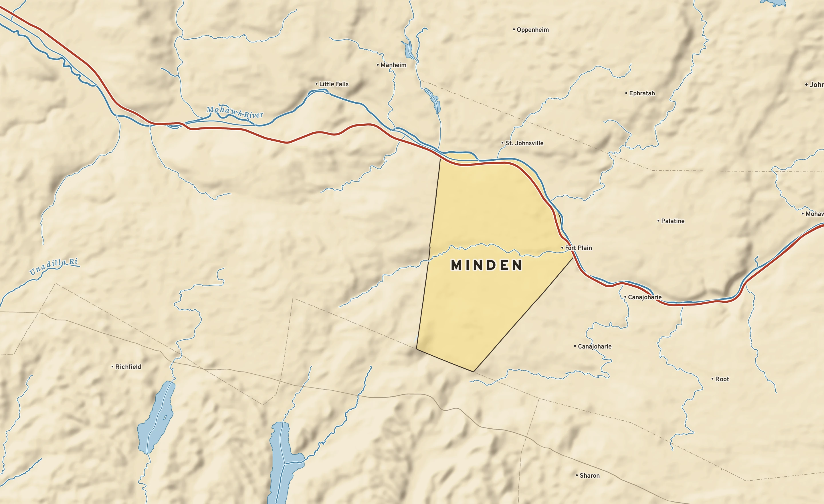 Shaded-relief atlas plate of Minden, New York: rivers, roads, the city limits and where the water drains.