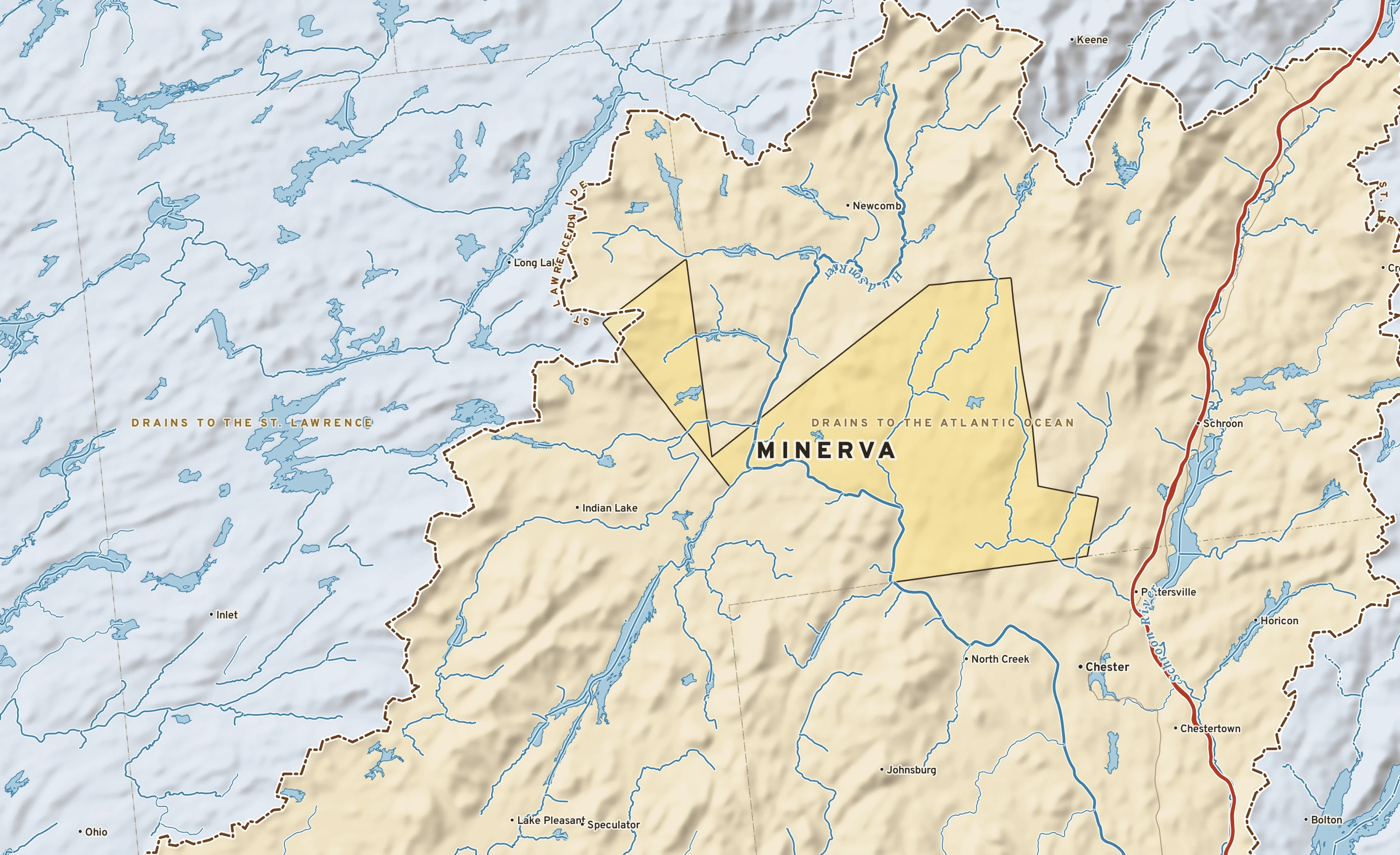 Shaded-relief atlas plate of Minerva, New York: rivers, roads, the city limits and where the water drains.