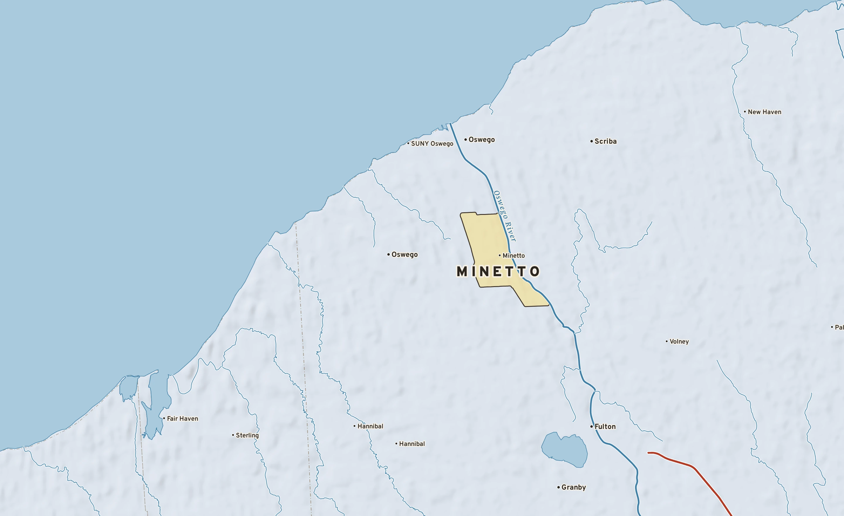Shaded-relief atlas plate of Minetto, New York: rivers, roads, the city limits and where the water drains.