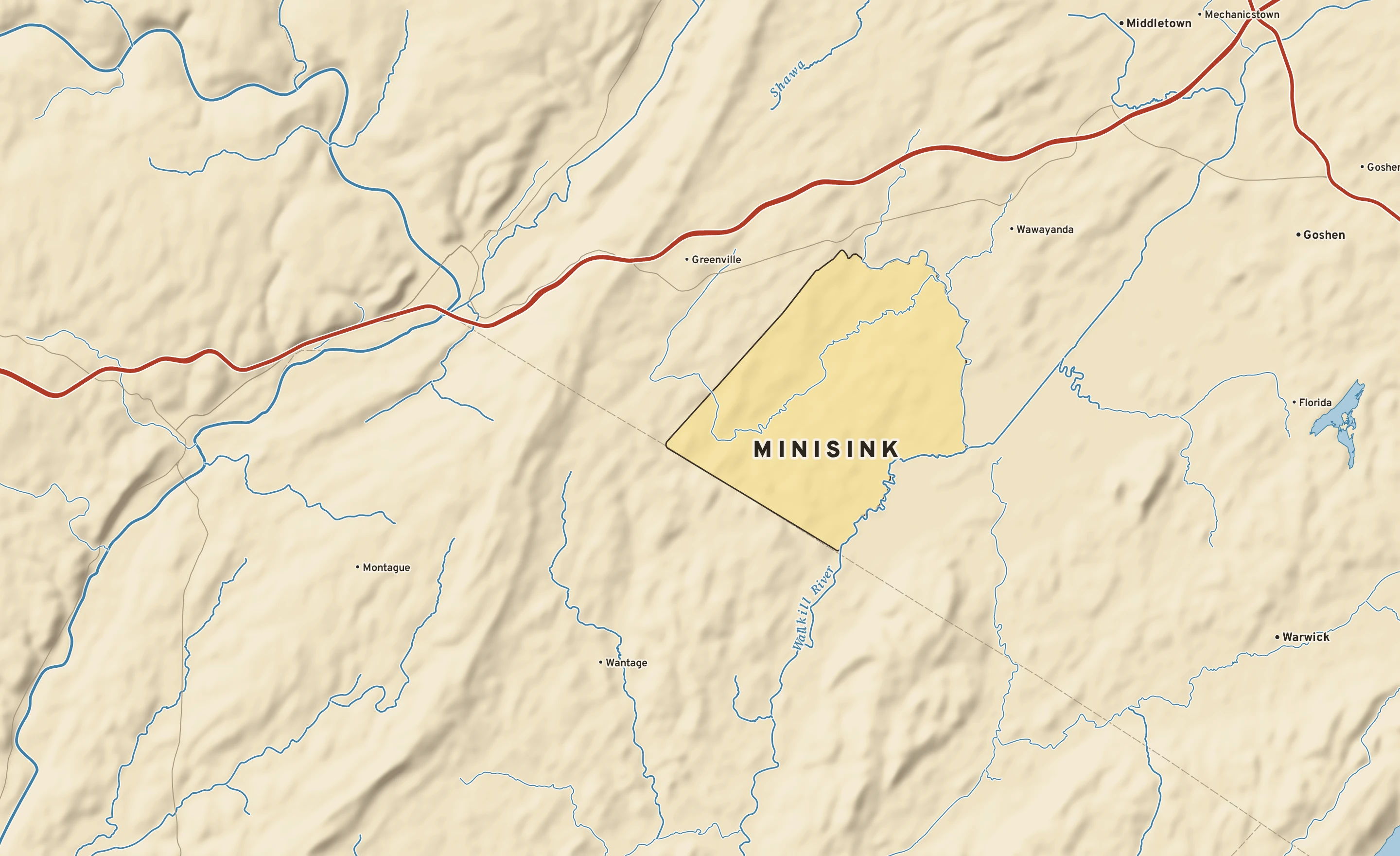 Shaded-relief atlas plate of Minisink, New York: rivers, roads, the city limits and where the water drains.
