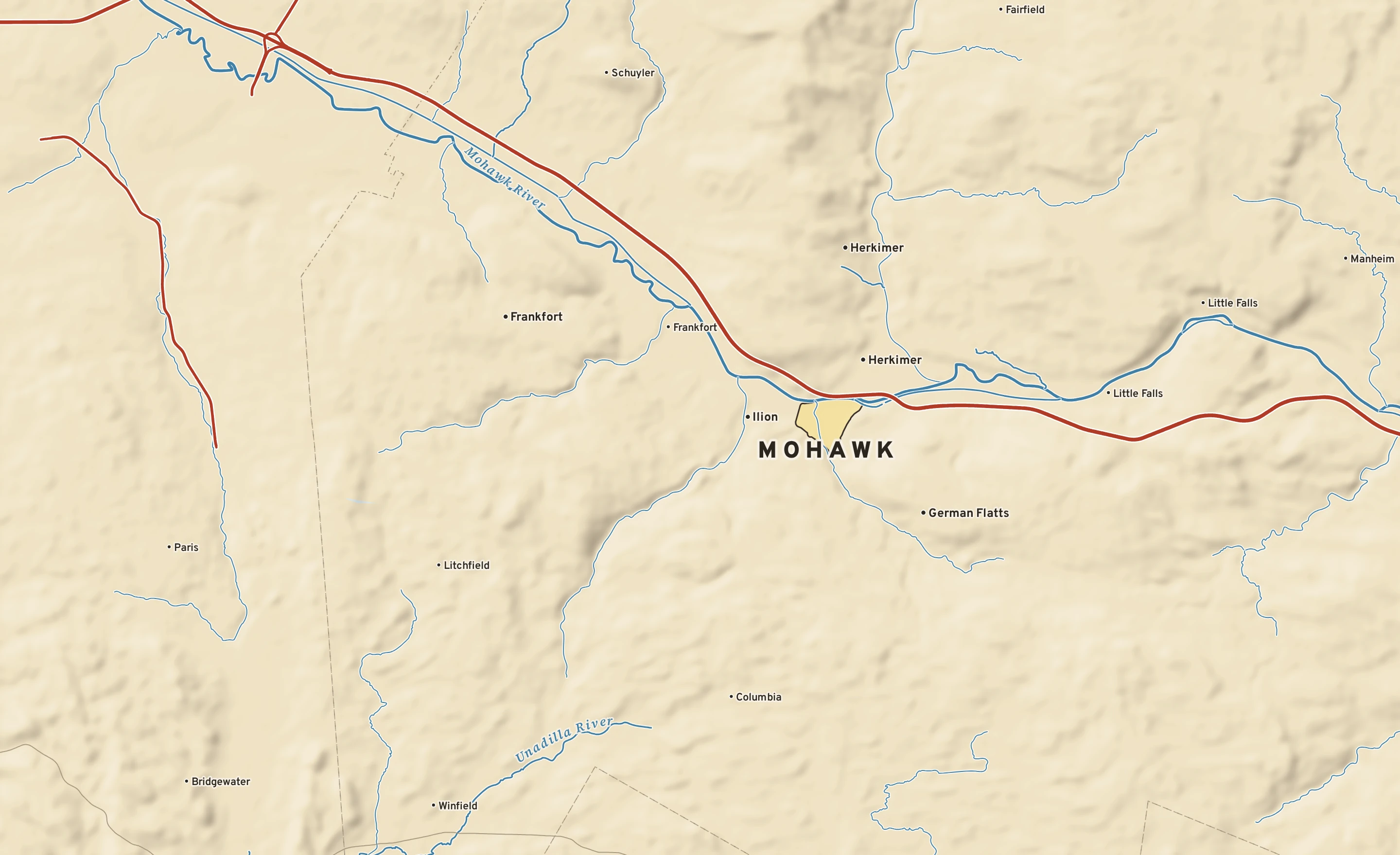 Shaded-relief atlas plate of Mohawk, New York: rivers, roads, the city limits and where the water drains.