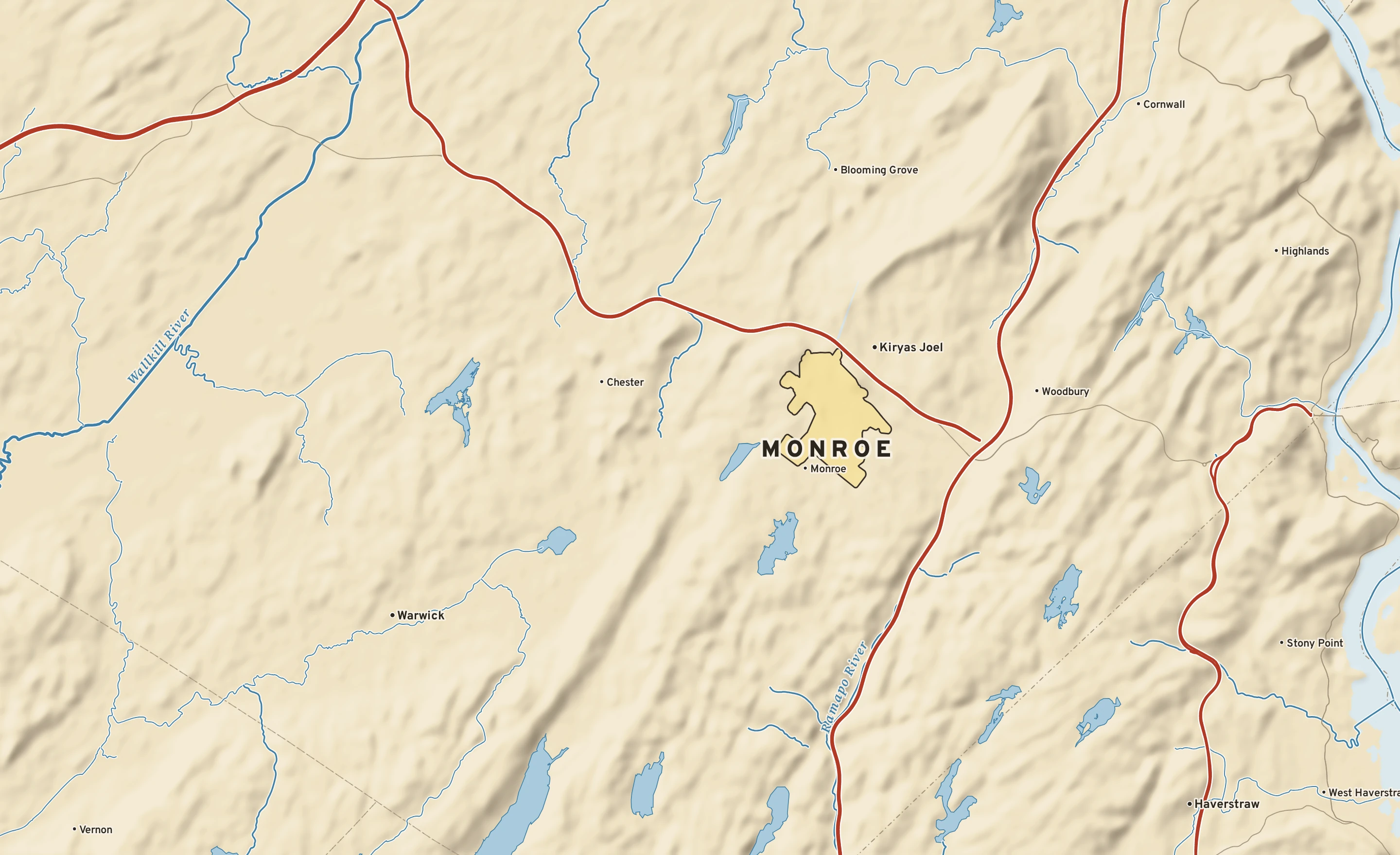Shaded-relief atlas plate of Monroe, New York: rivers, roads, the city limits and where the water drains.