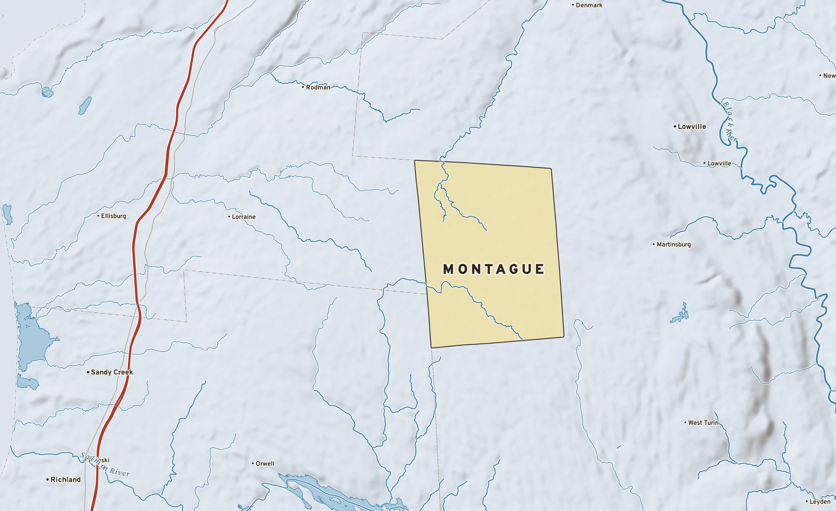 Shaded-relief atlas plate of Montague, New York: rivers, roads, the city limits and where the water drains.