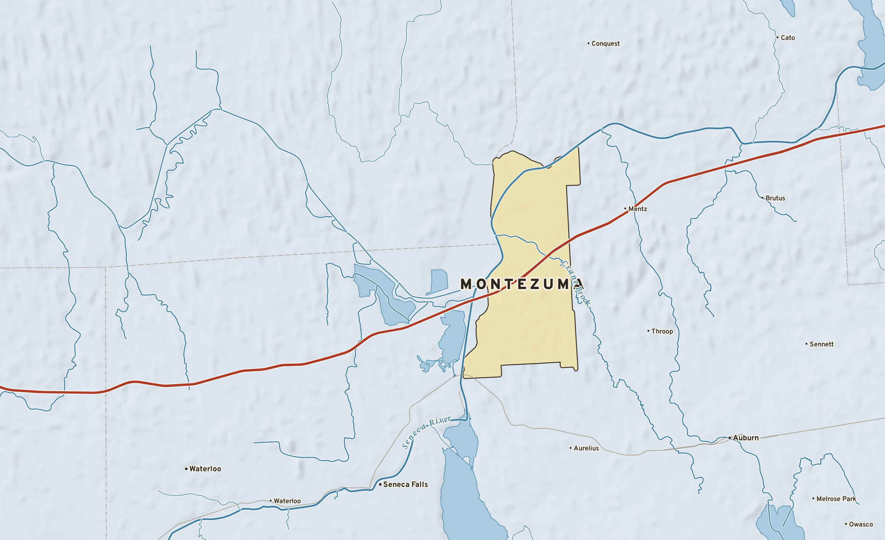 Shaded-relief atlas plate of Montezuma, New York: rivers, roads, the city limits and where the water drains.