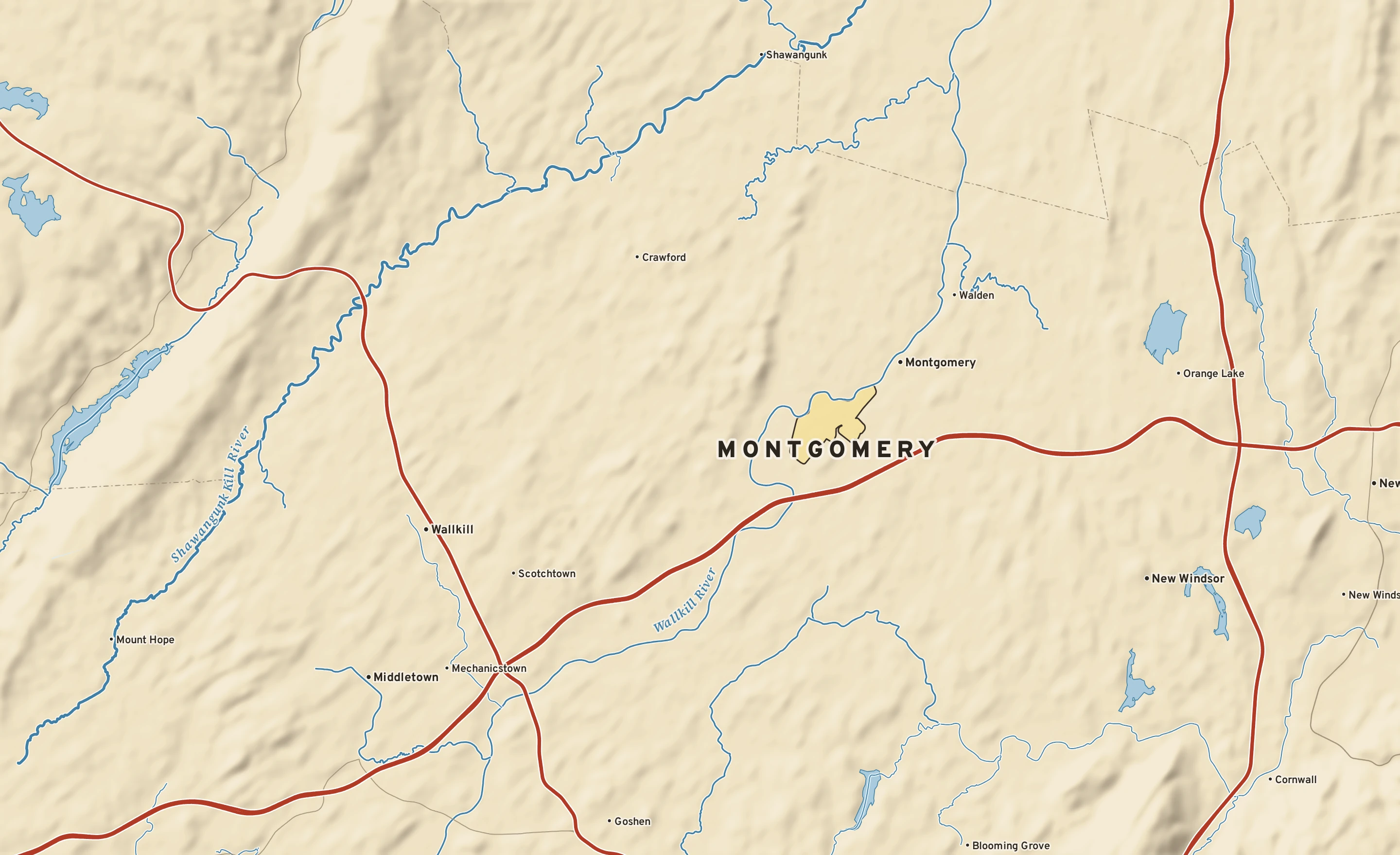 Shaded-relief atlas plate of Montgomery, New York: rivers, roads, the city limits and where the water drains.