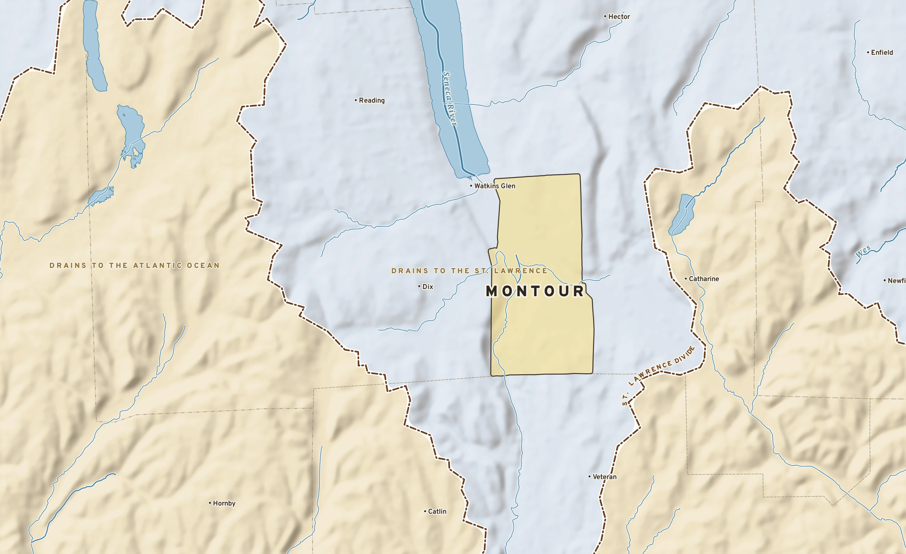 Shaded-relief atlas plate of Montour, New York: rivers, roads, the city limits and where the water drains.