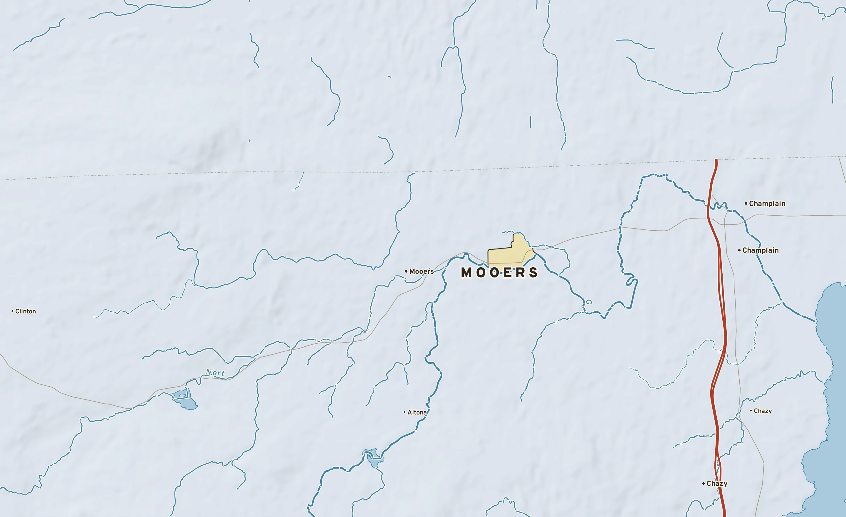 Shaded-relief atlas plate of Mooers, New York: rivers, roads, the city limits and where the water drains.