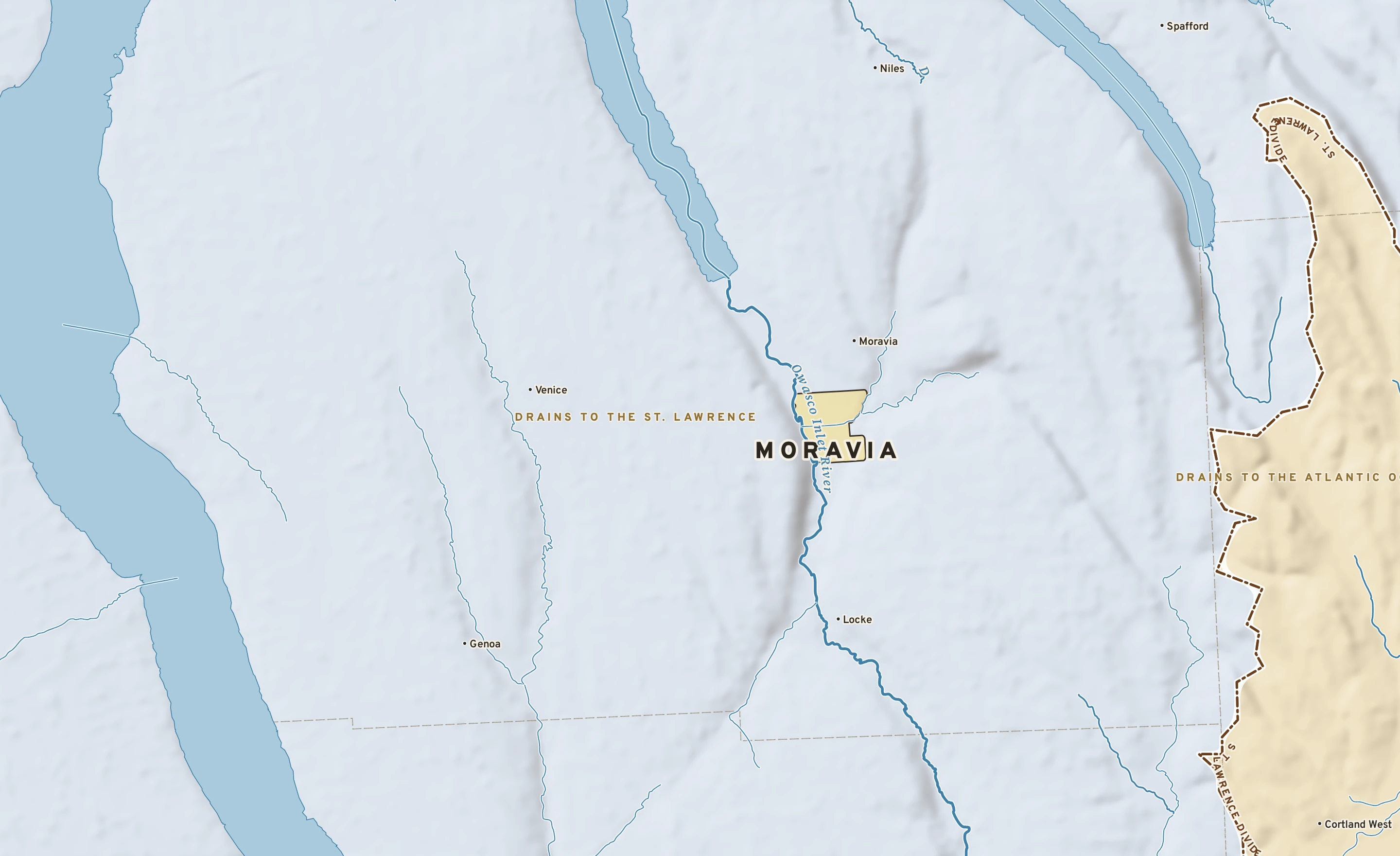 Shaded-relief atlas plate of Moravia, New York: rivers, roads, the city limits and where the water drains.