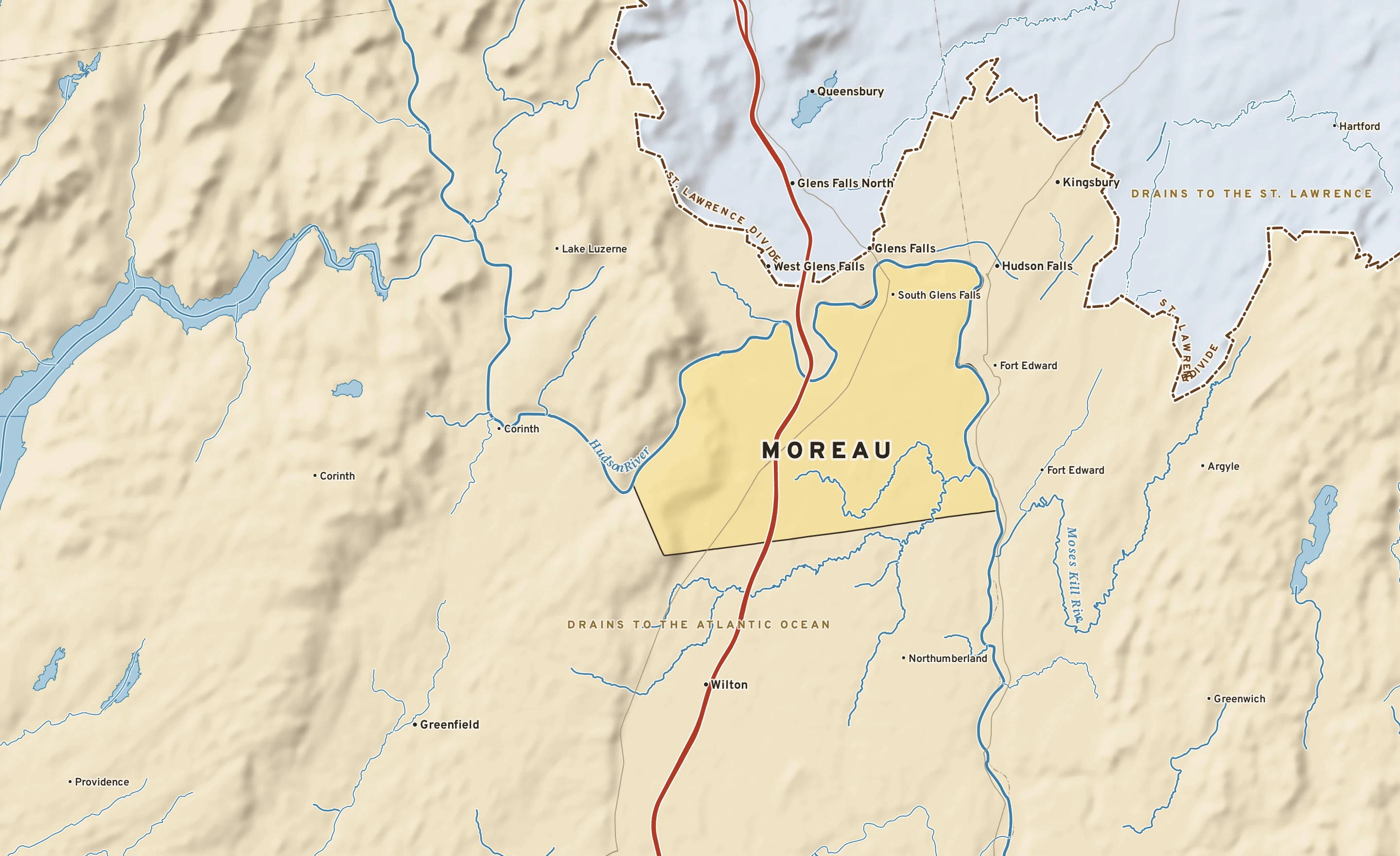 Shaded-relief atlas plate of Moreau, New York: rivers, roads, the city limits and where the water drains.