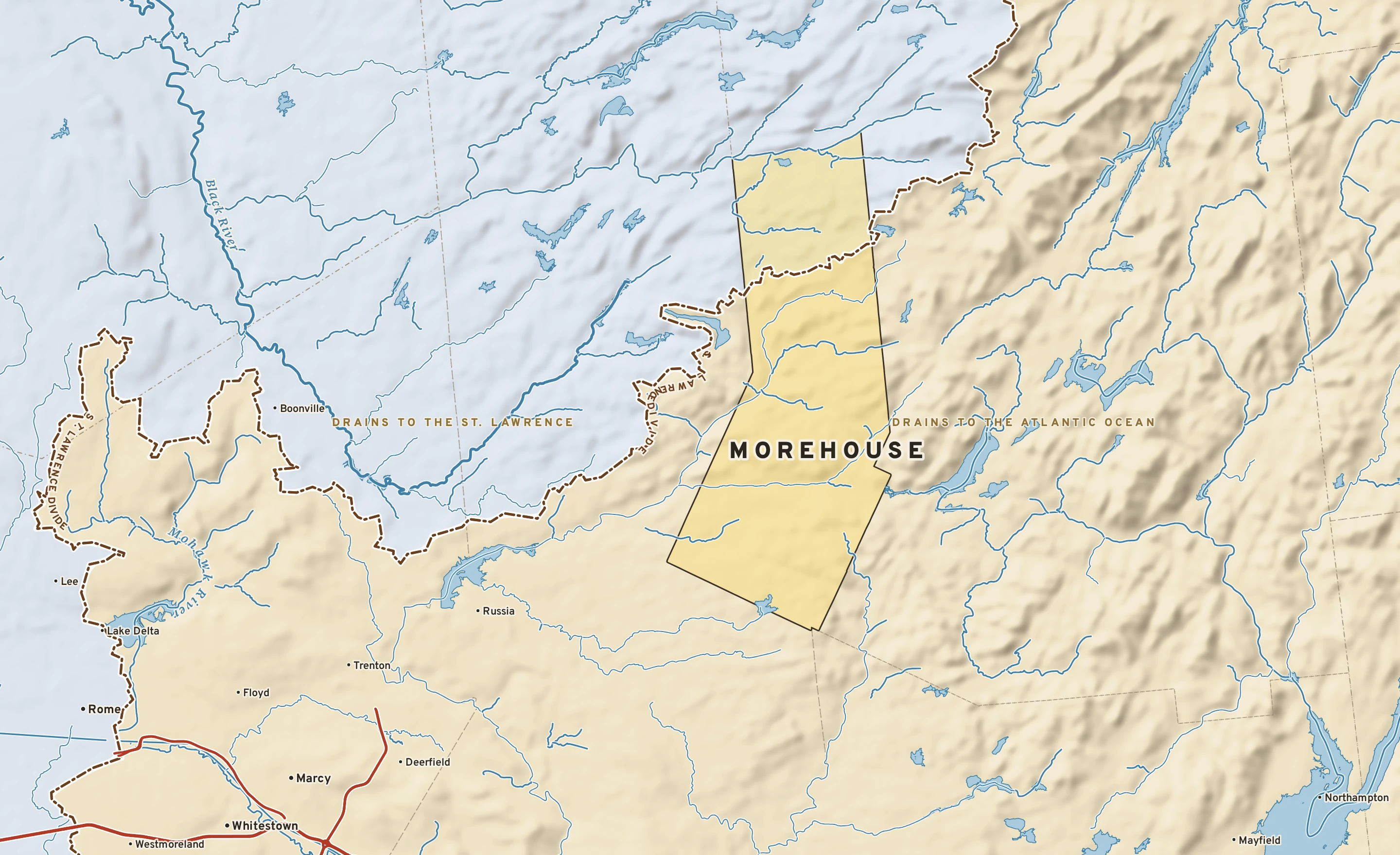 Shaded-relief atlas plate of Morehouse, New York: rivers, roads, the city limits and where the water drains.