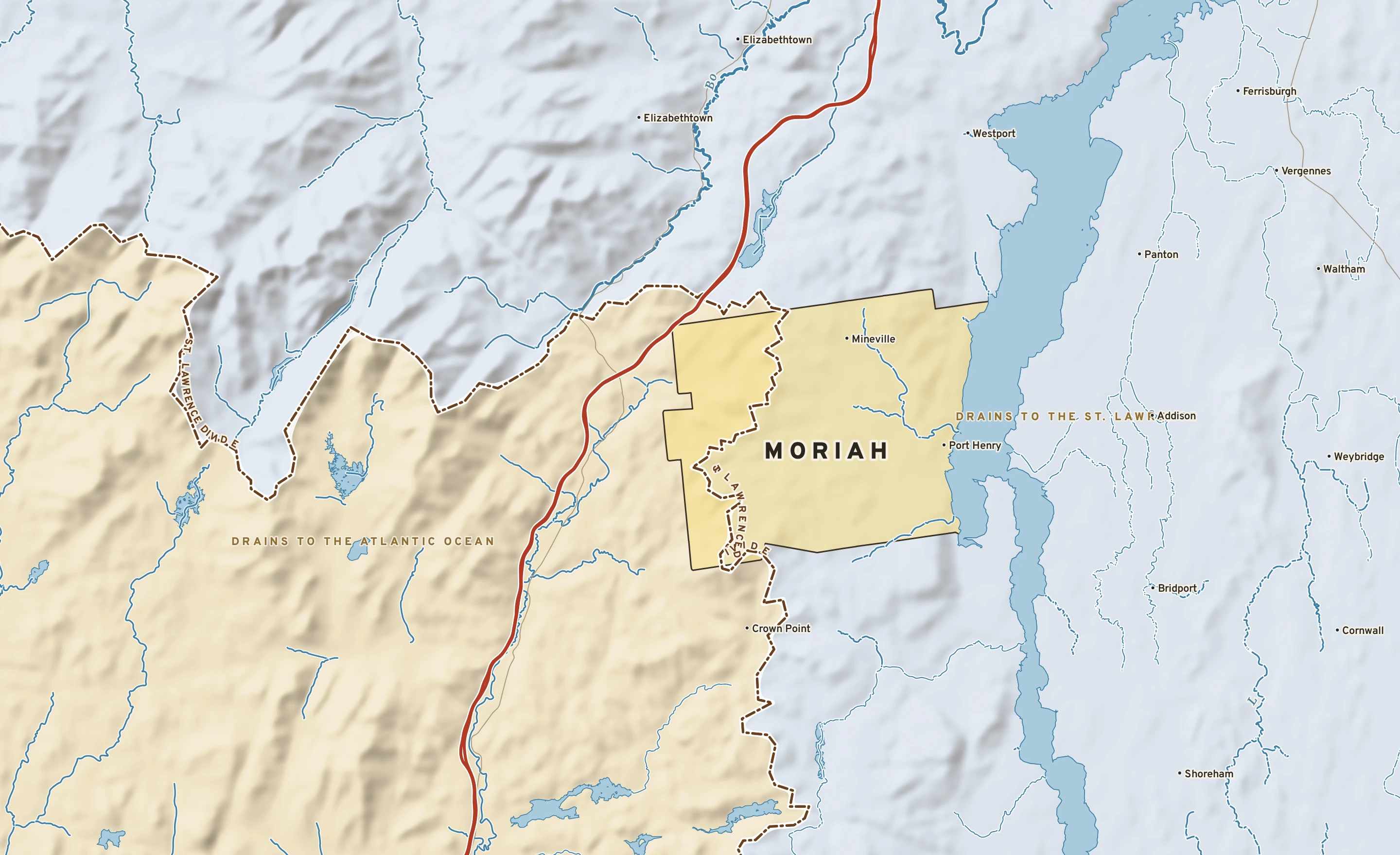 Shaded-relief atlas plate of Moriah, New York: rivers, roads, the city limits and where the water drains.