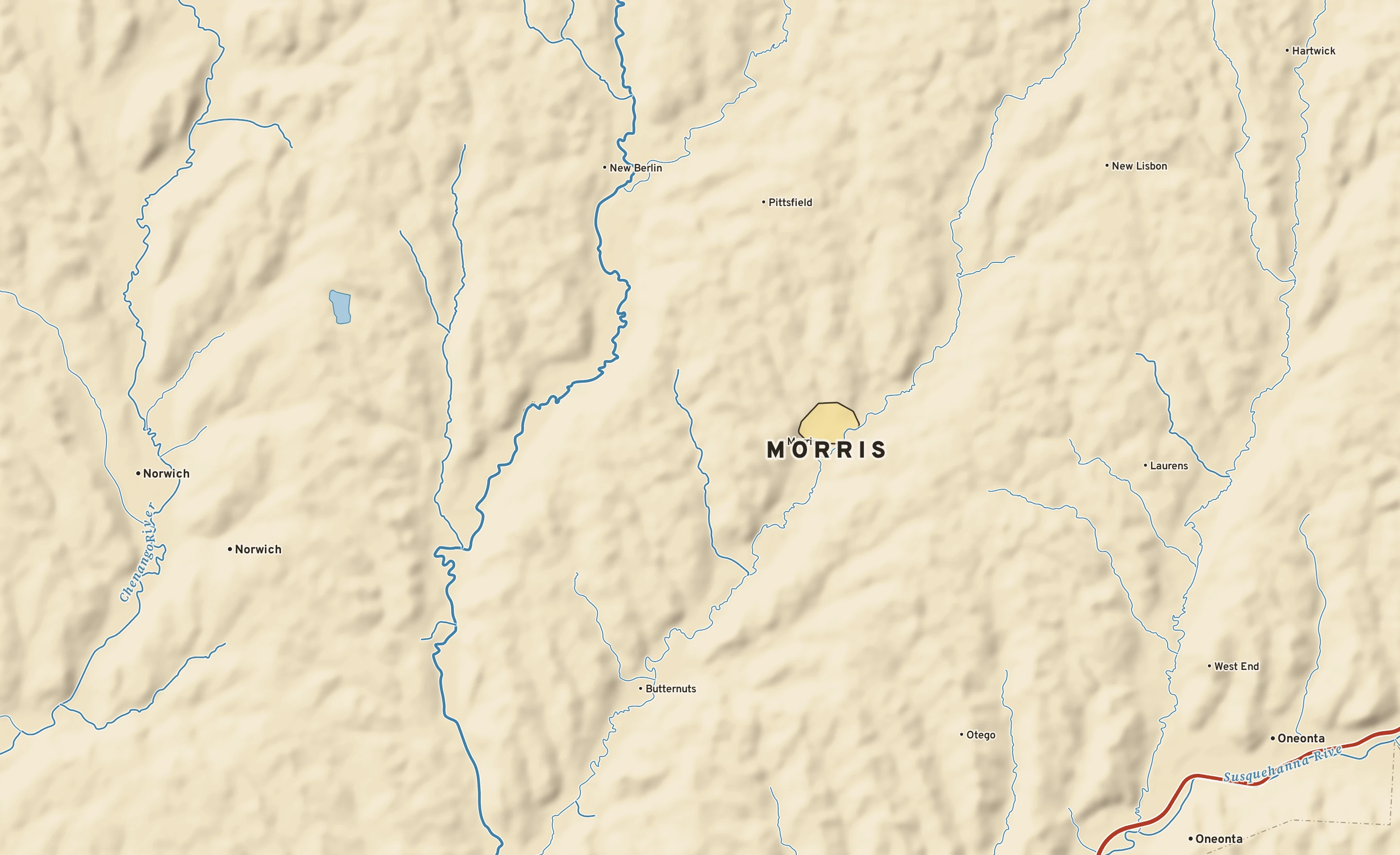 Shaded-relief atlas plate of Morris, New York: rivers, roads, the city limits and where the water drains.