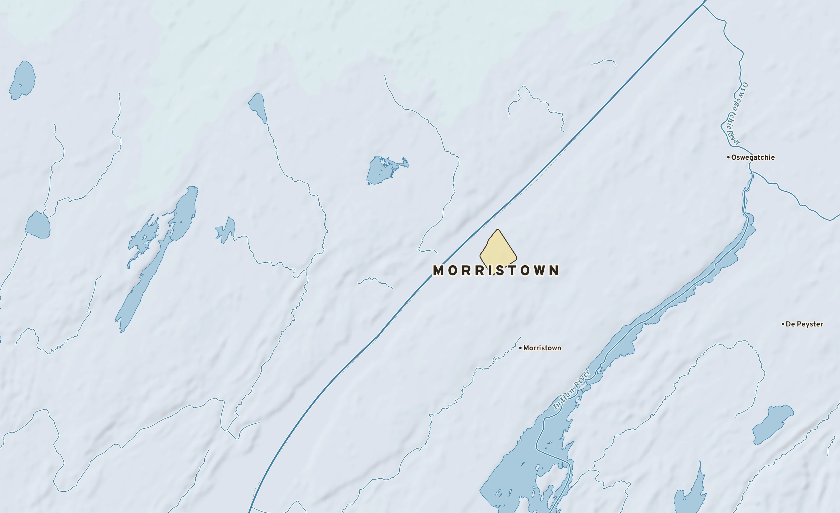 Shaded-relief atlas plate of Morristown, New York: rivers, roads, the city limits and where the water drains.