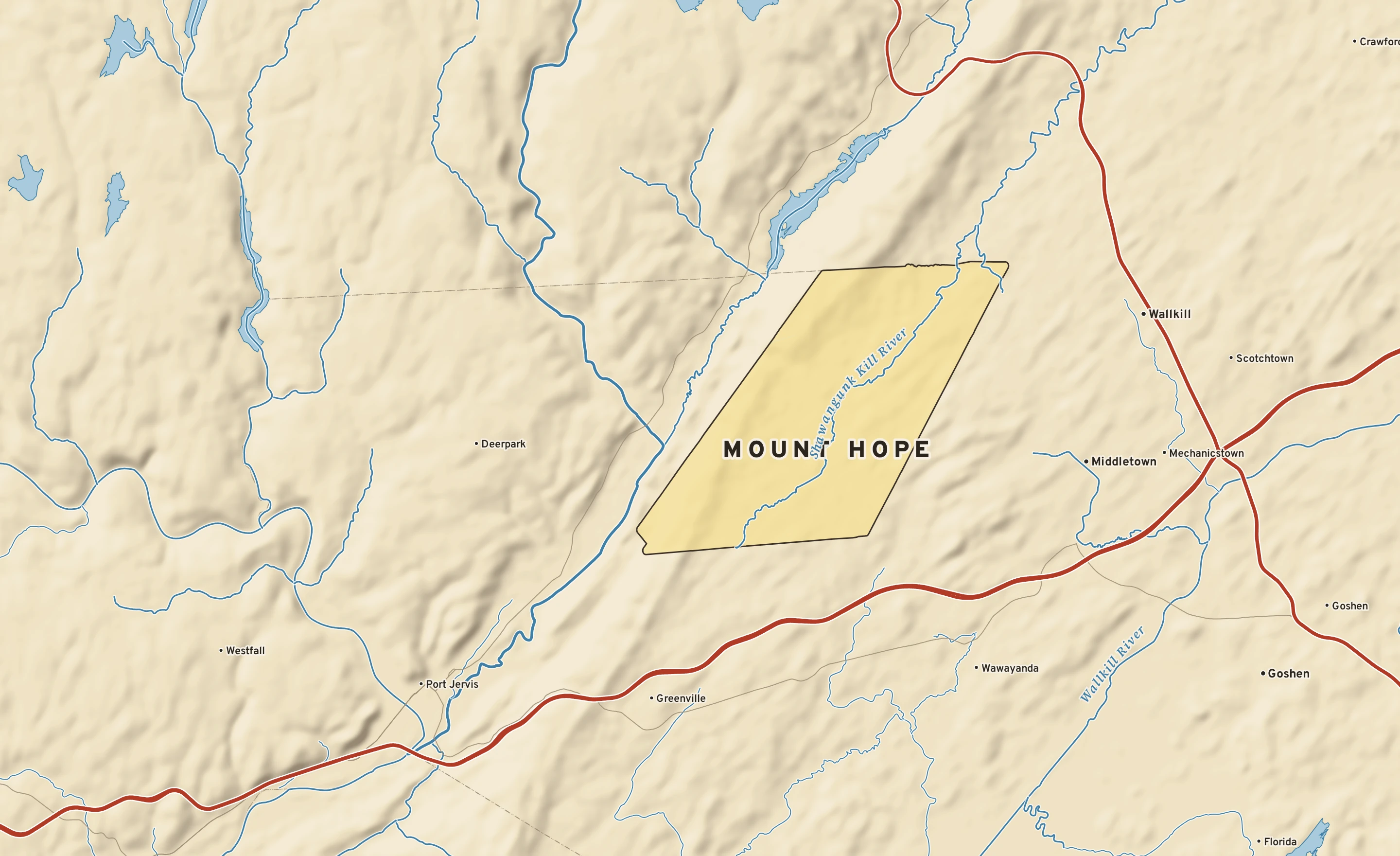 Shaded-relief atlas plate of Mount Hope, New York: rivers, roads, the city limits and where the water drains.