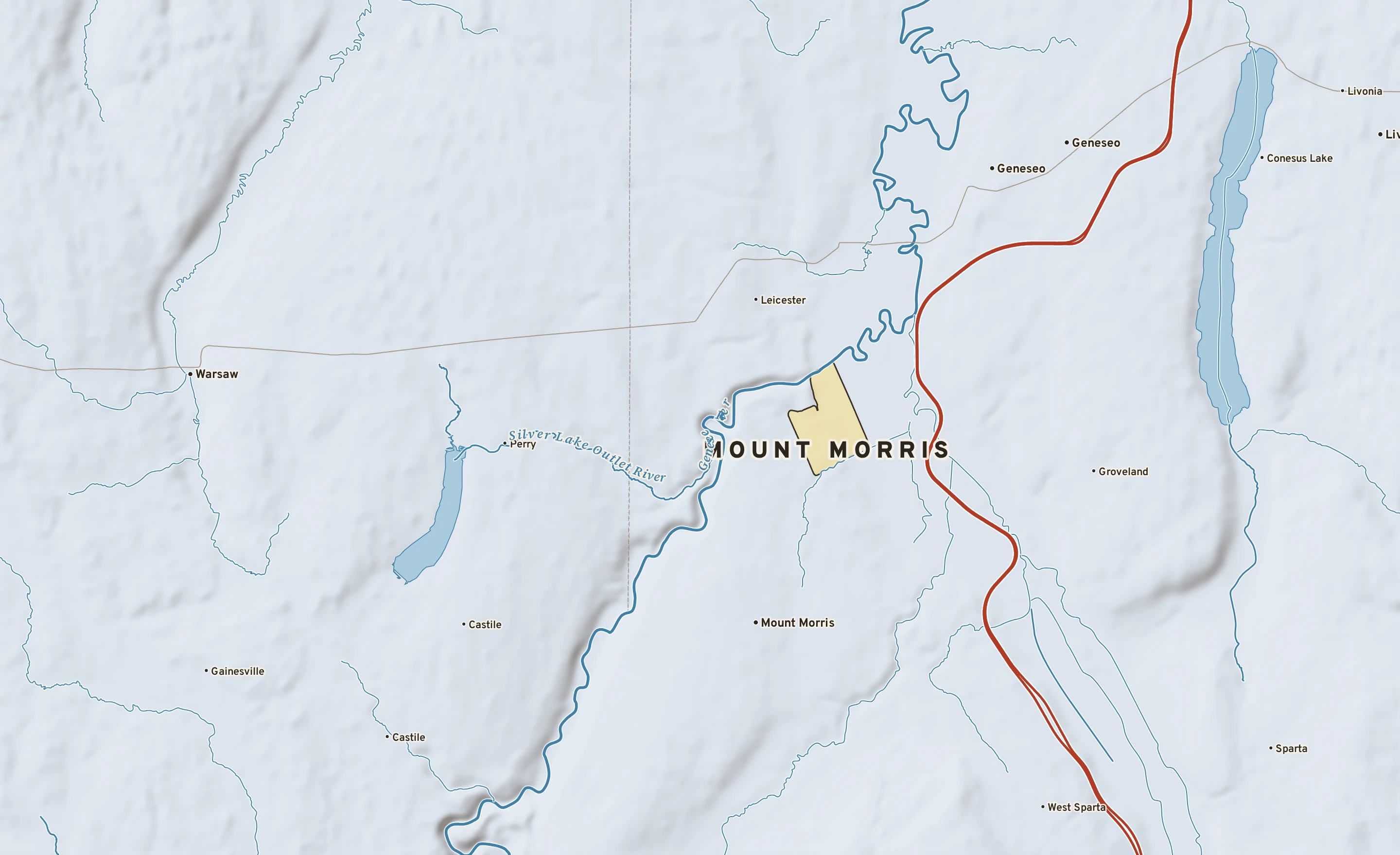 Shaded-relief atlas plate of Mount Morris, New York: rivers, roads, the city limits and where the water drains.