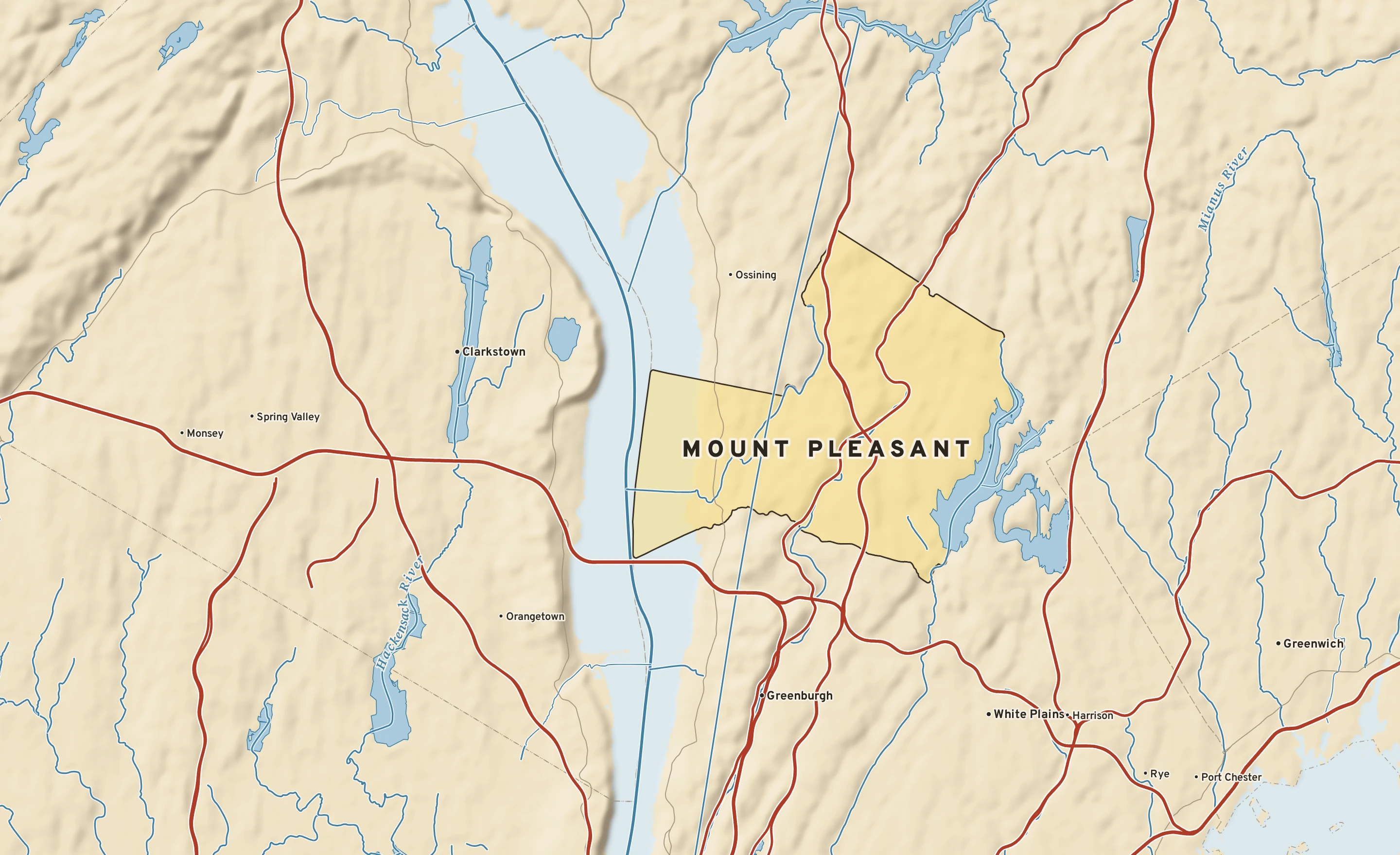 Shaded-relief atlas plate of Mount Pleasant, New York: rivers, roads, the city limits and where the water drains.
