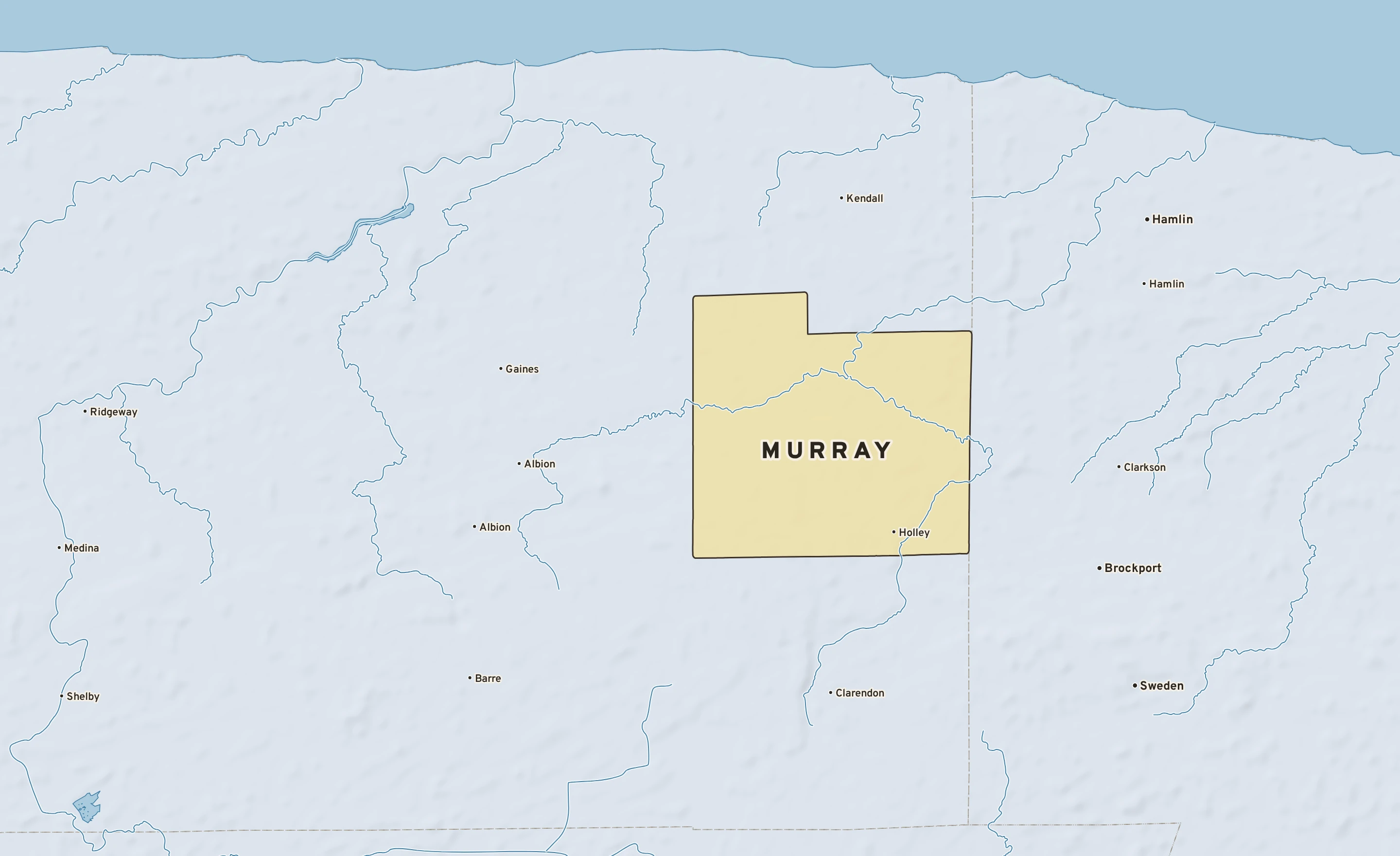 Shaded-relief atlas plate of Murray, New York: rivers, roads, the city limits and where the water drains.