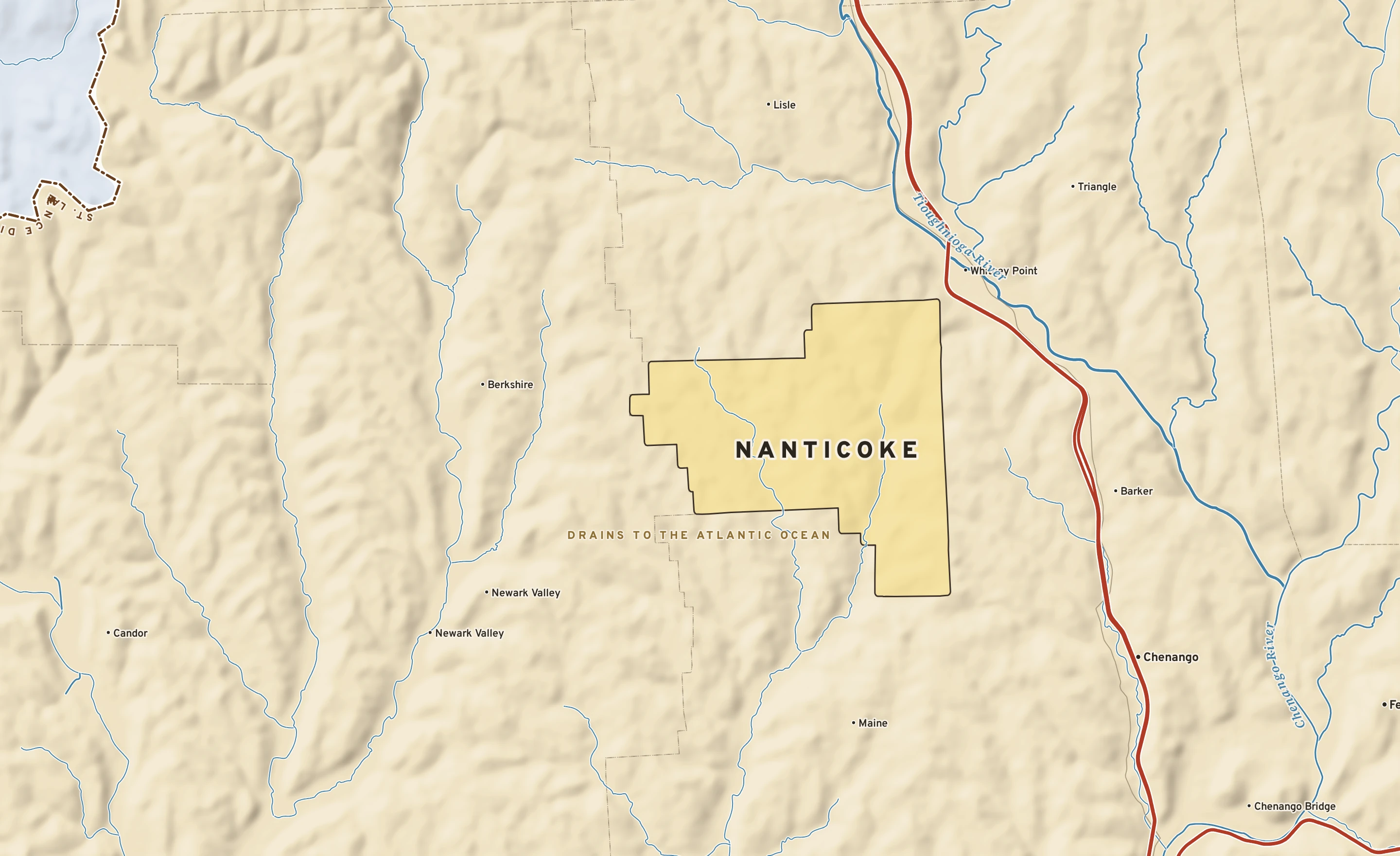Shaded-relief atlas plate of Nanticoke, New York: rivers, roads, the city limits and where the water drains.