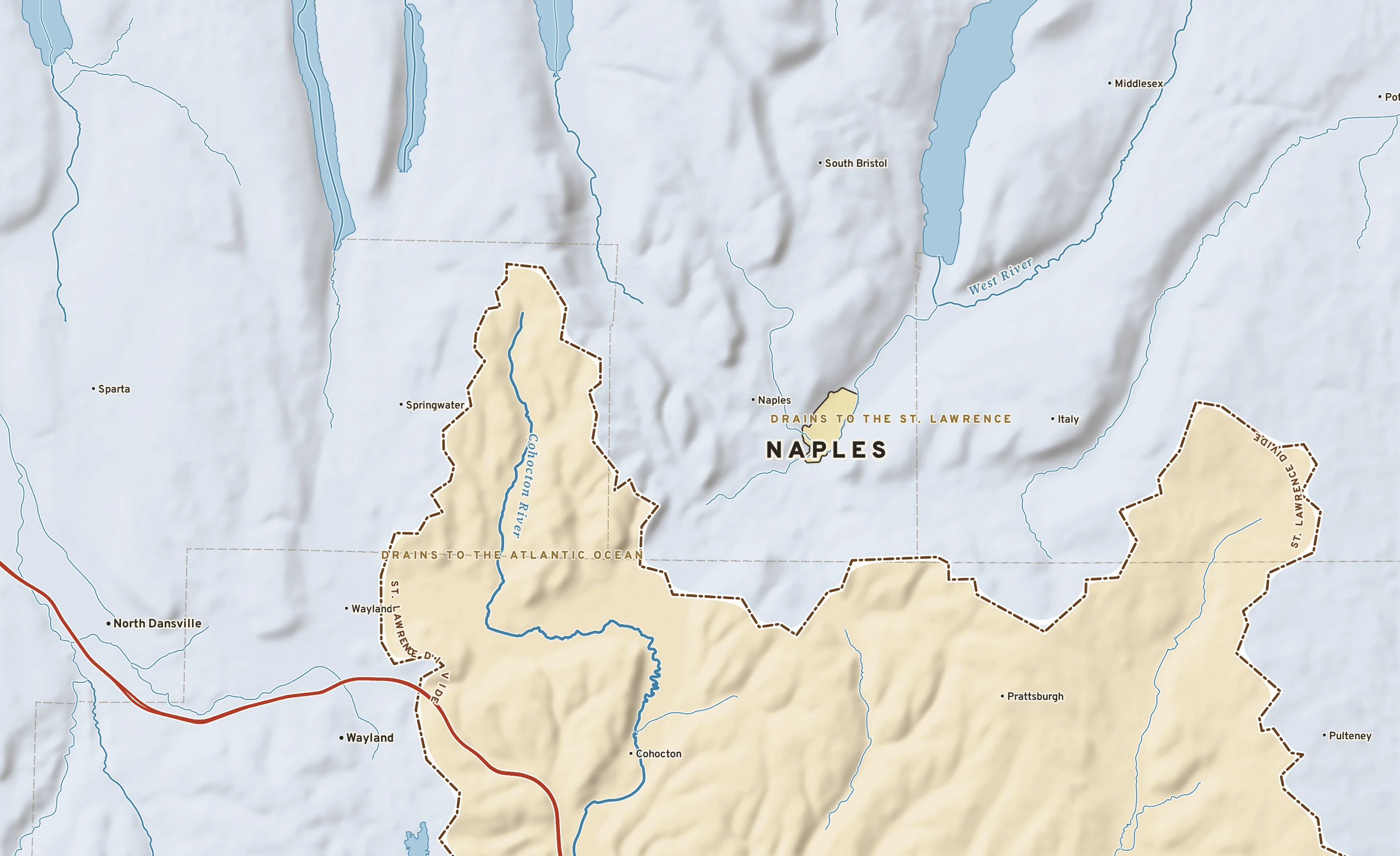 Shaded-relief atlas plate of Naples, New York: rivers, roads, the city limits and where the water drains.