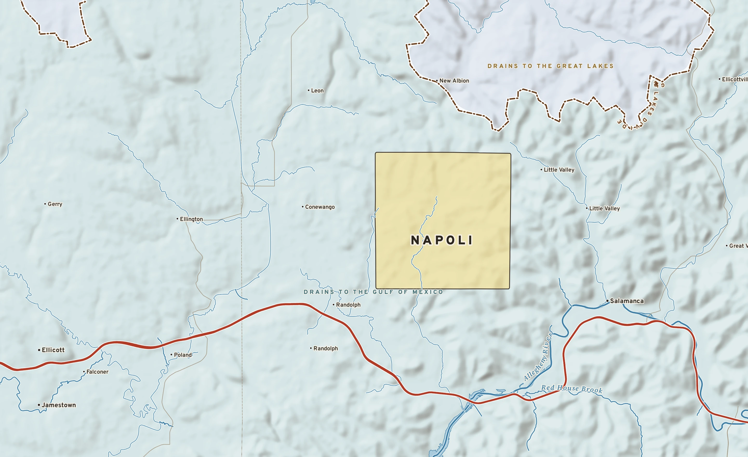 Shaded-relief atlas plate of Napoli, New York: rivers, roads, the city limits and where the water drains.