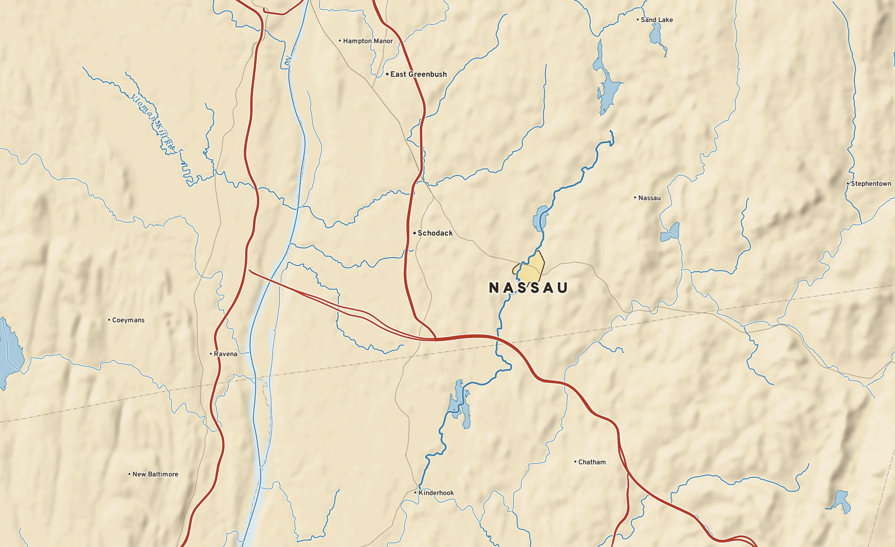 Shaded-relief atlas plate of Nassau, New York: rivers, roads, the city limits and where the water drains.
