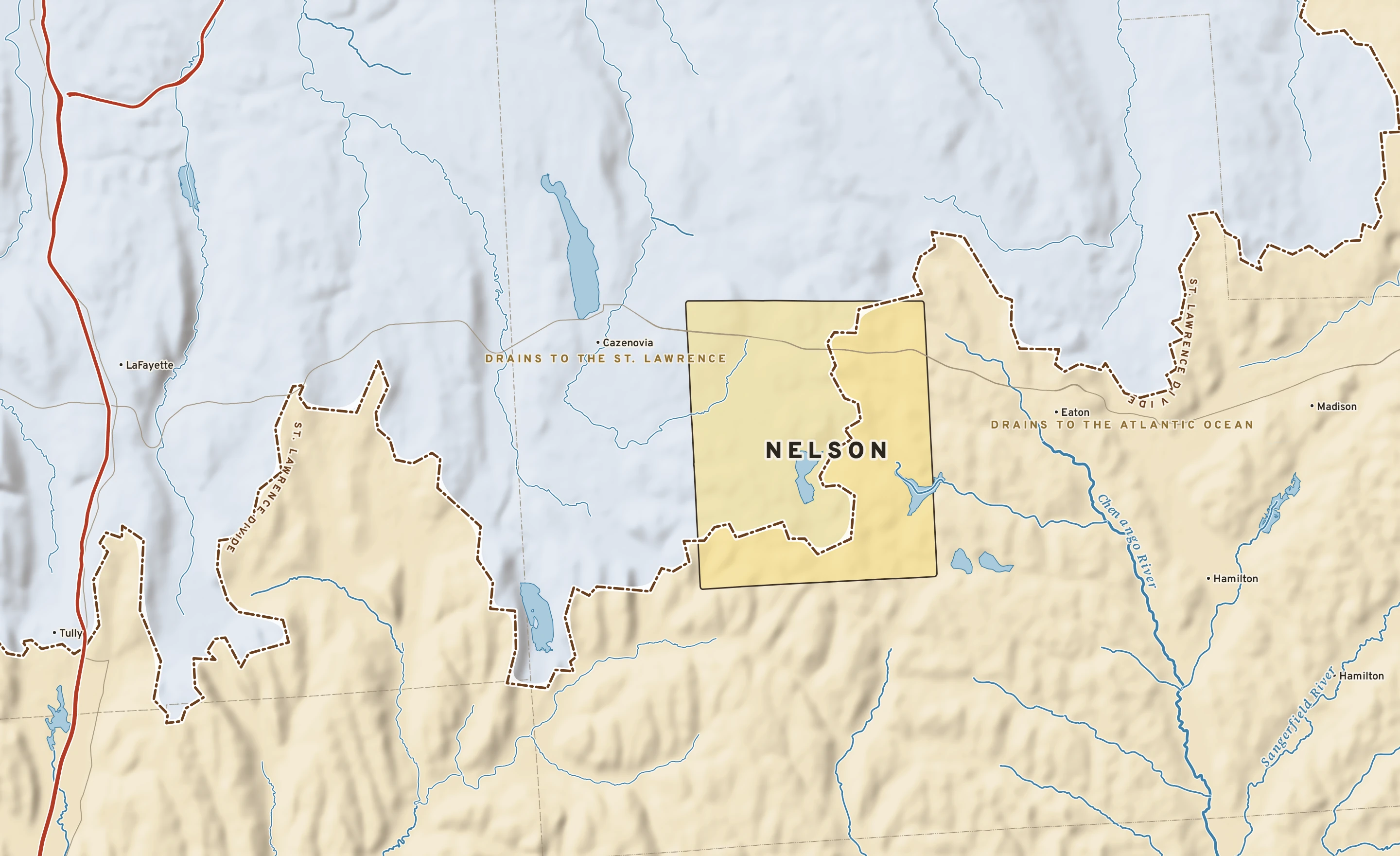 Shaded-relief atlas plate of Nelson, New York: rivers, roads, the city limits and where the water drains.