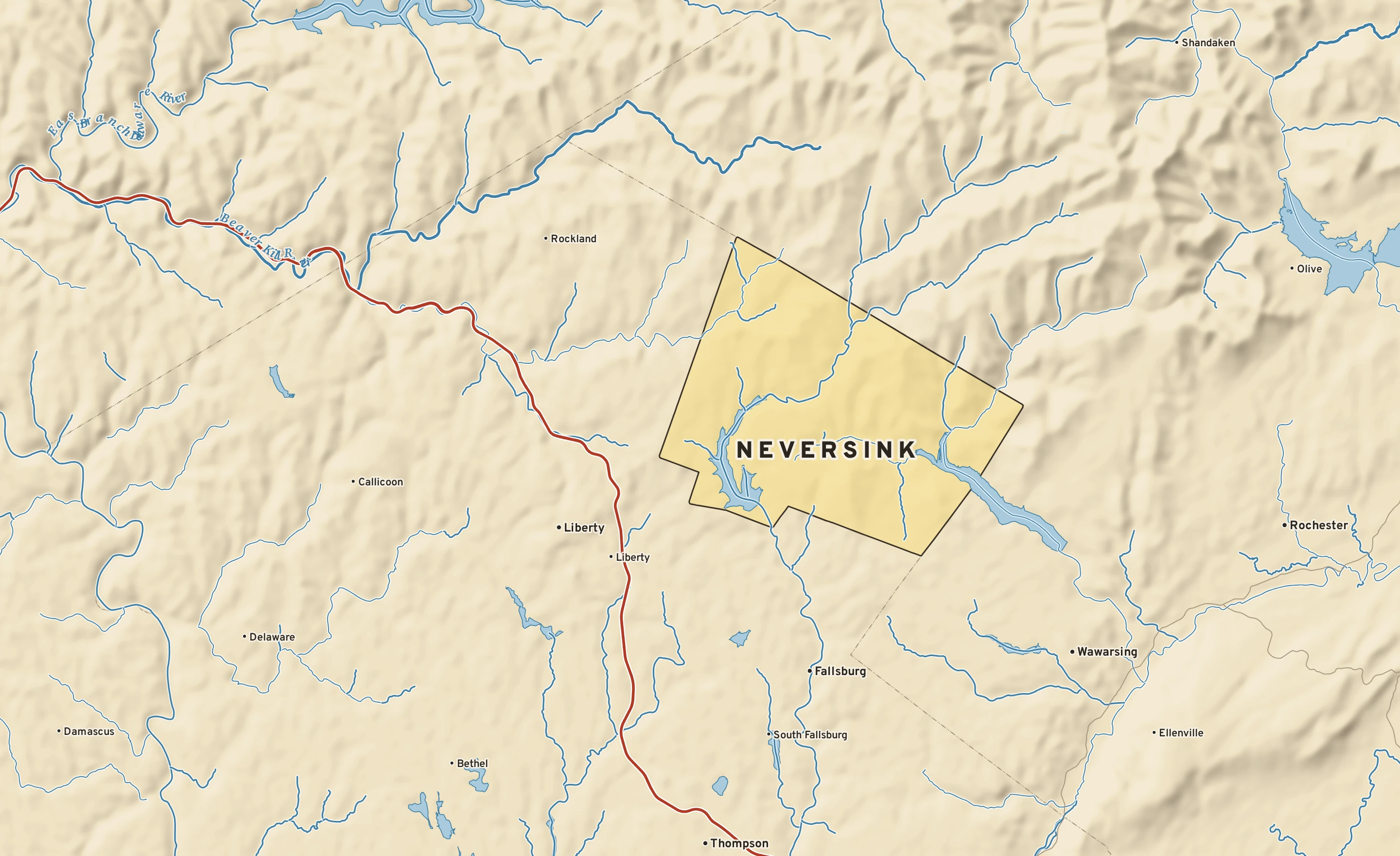 Shaded-relief atlas plate of Neversink, New York: rivers, roads, the city limits and where the water drains.