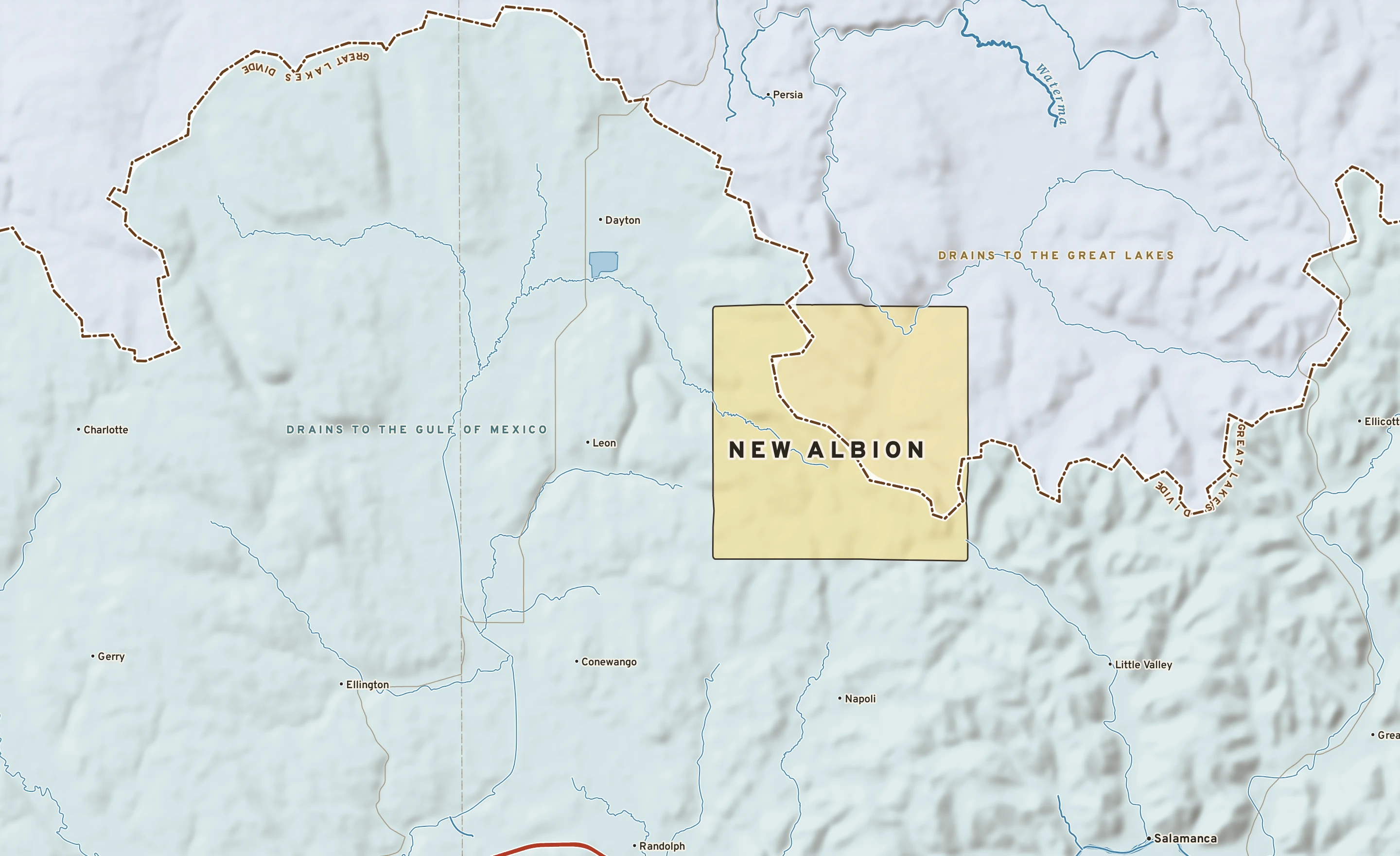 Shaded-relief atlas plate of New Albion, New York: rivers, roads, the city limits and where the water drains.