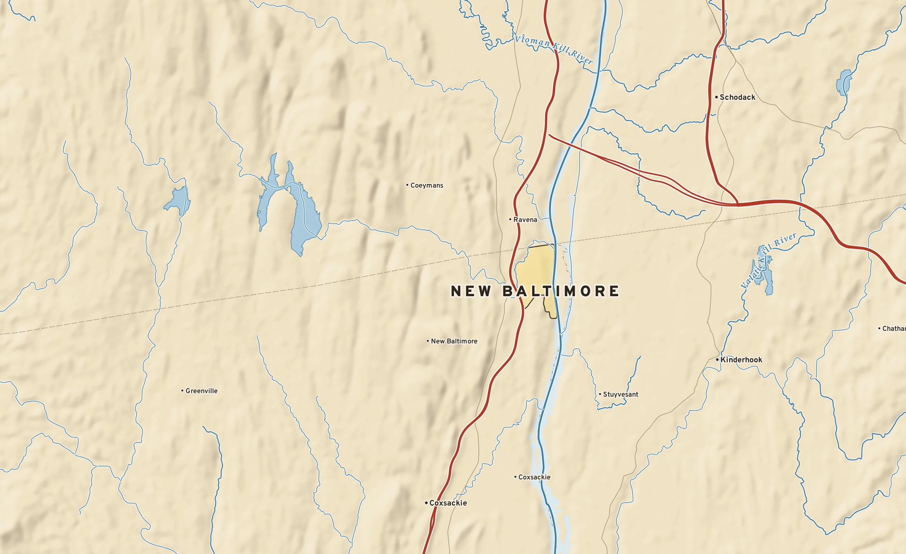 Shaded-relief atlas plate of New Baltimore, New York: rivers, roads, the city limits and where the water drains.