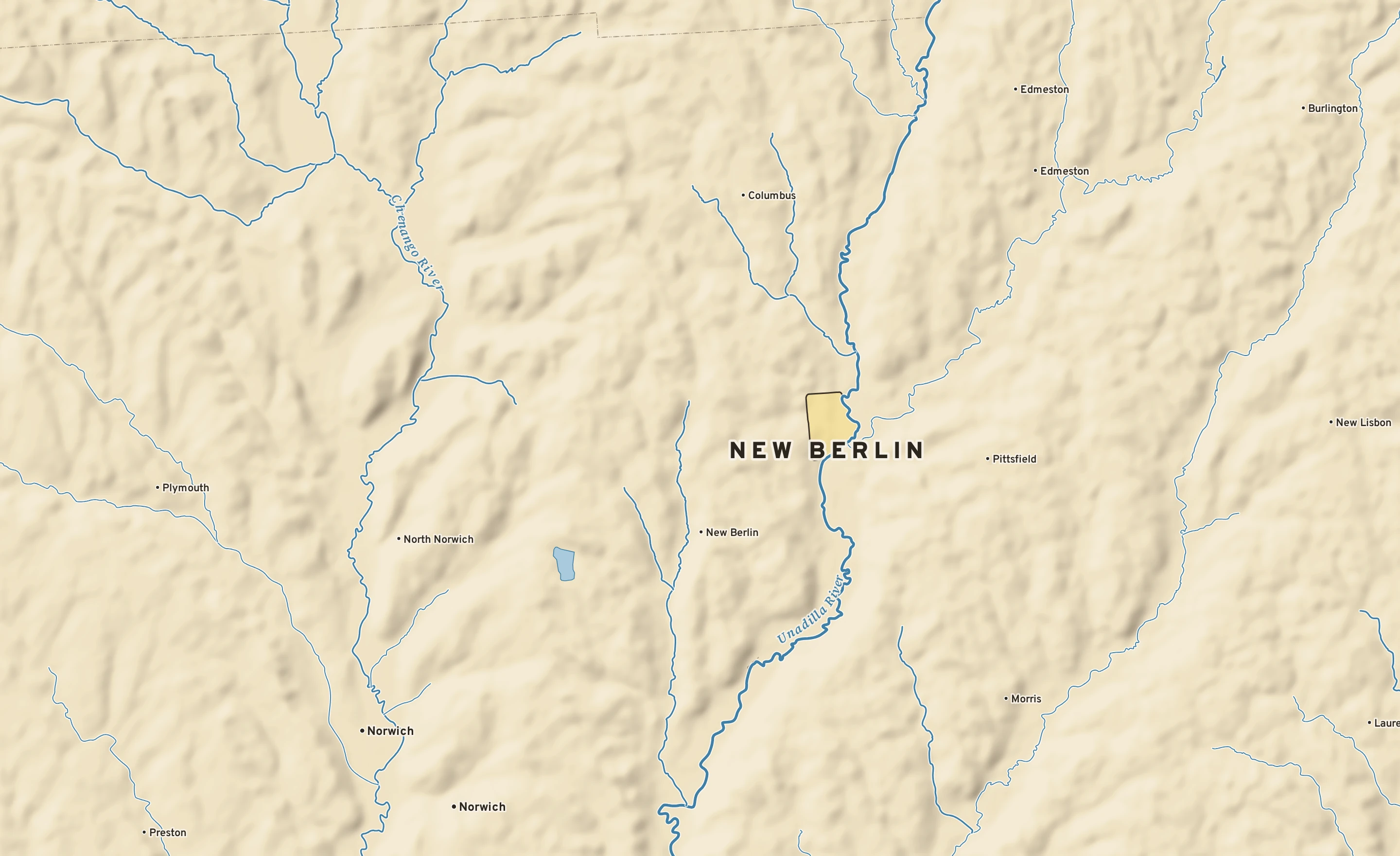 Shaded-relief atlas plate of New Berlin, New York: rivers, roads, the city limits and where the water drains.