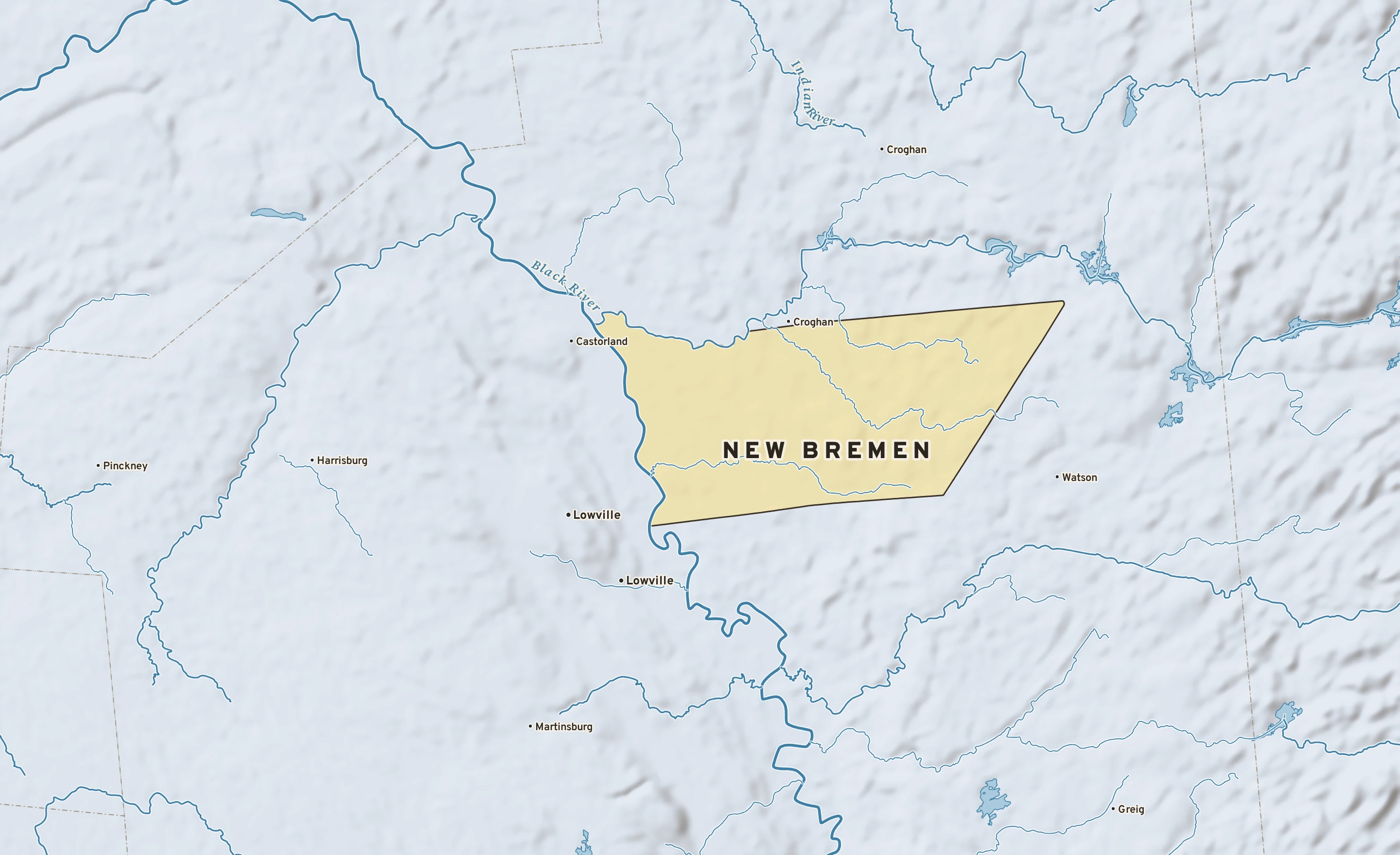 Shaded-relief atlas plate of New Bremen, New York: rivers, roads, the city limits and where the water drains.