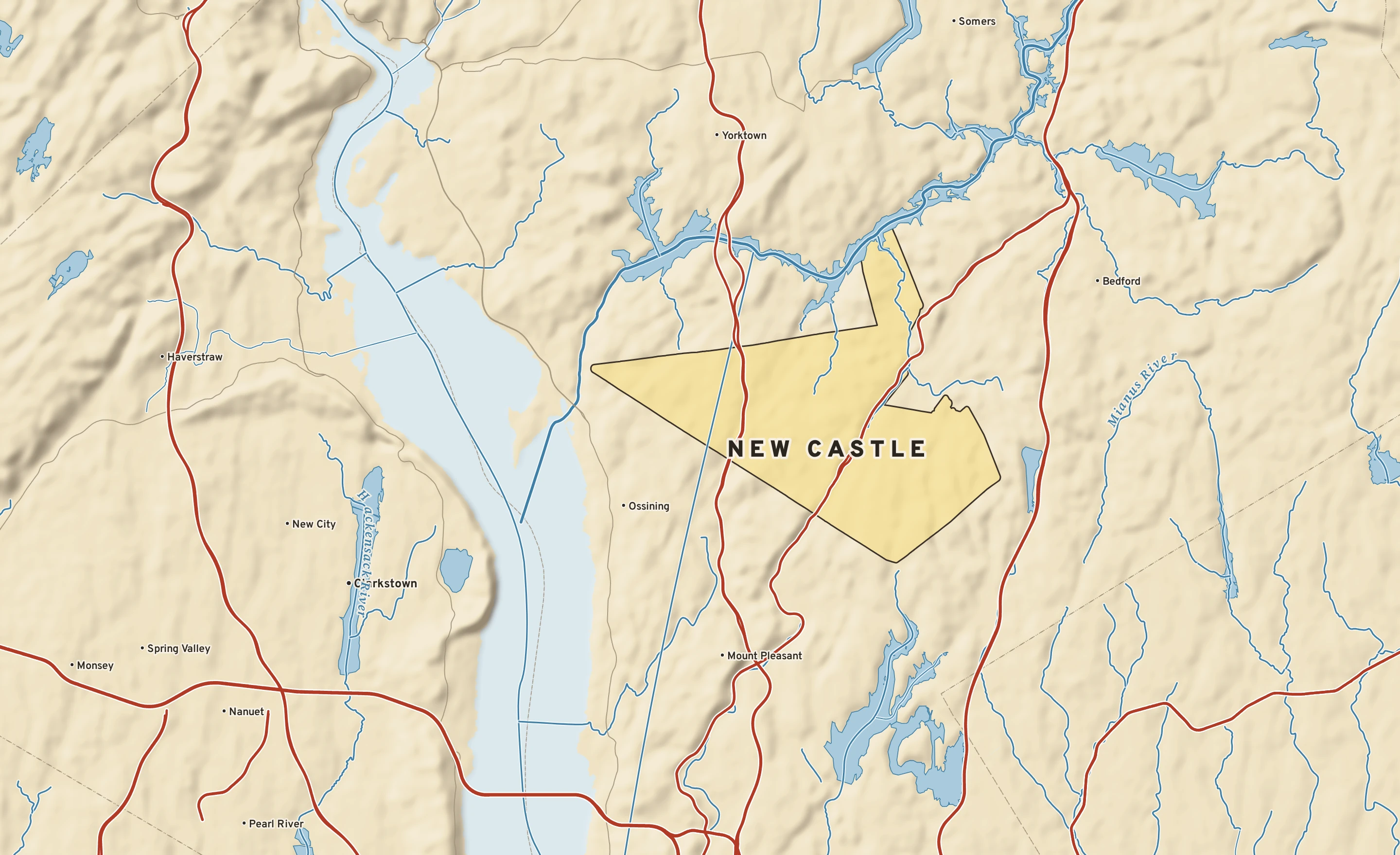 Shaded-relief atlas plate of New Castle, New York: rivers, roads, the city limits and where the water drains.