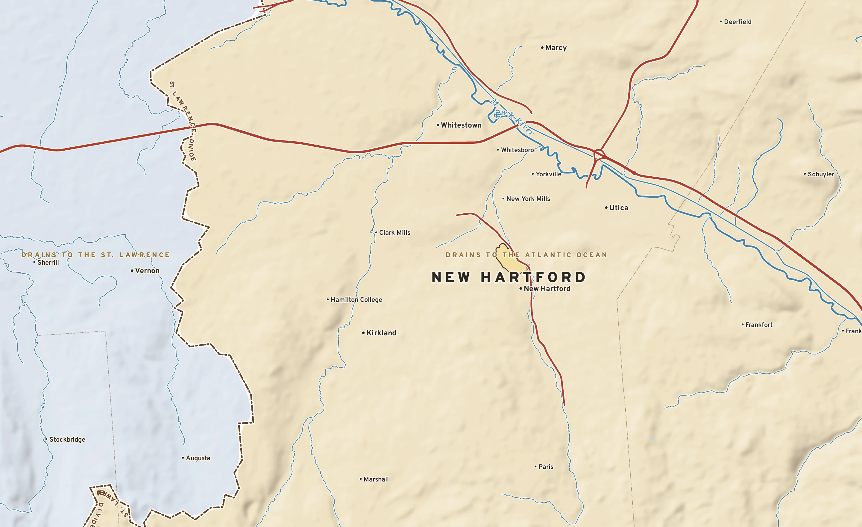 Shaded-relief atlas plate of New Hartford, New York: rivers, roads, the city limits and where the water drains.