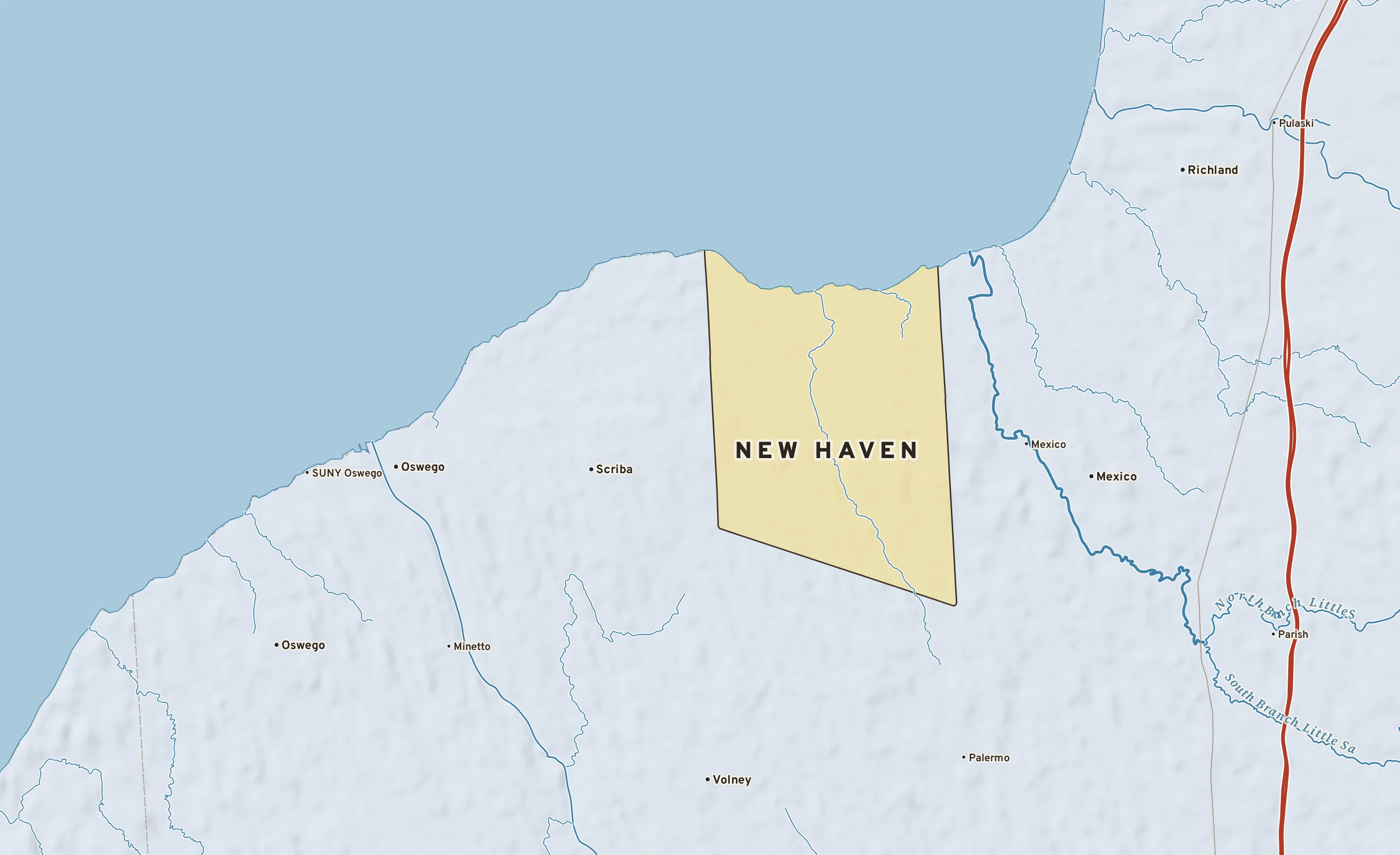 Shaded-relief atlas plate of New Haven, New York: rivers, roads, the city limits and where the water drains.