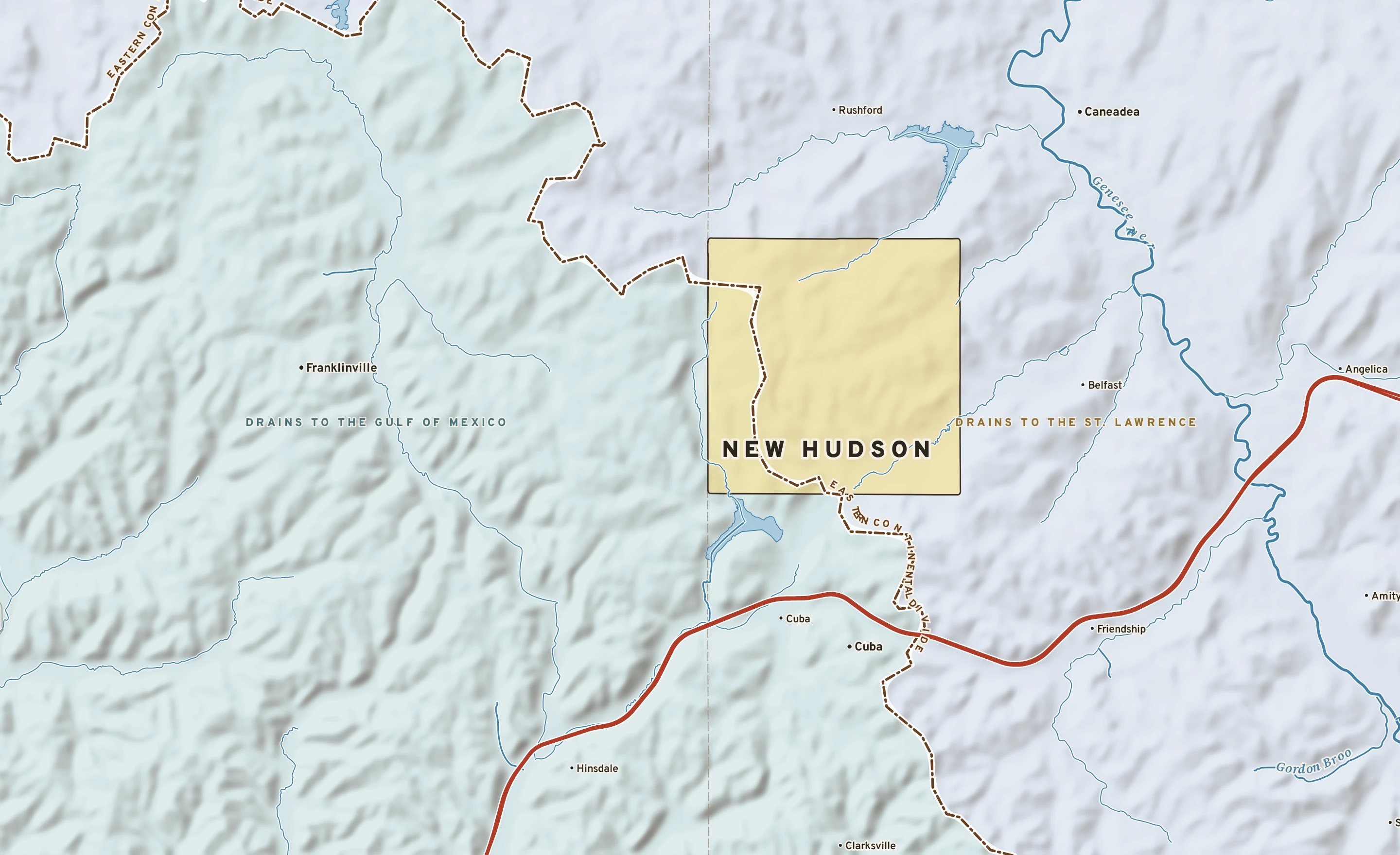 Shaded-relief atlas plate of New Hudson, New York: rivers, roads, the city limits and where the water drains.