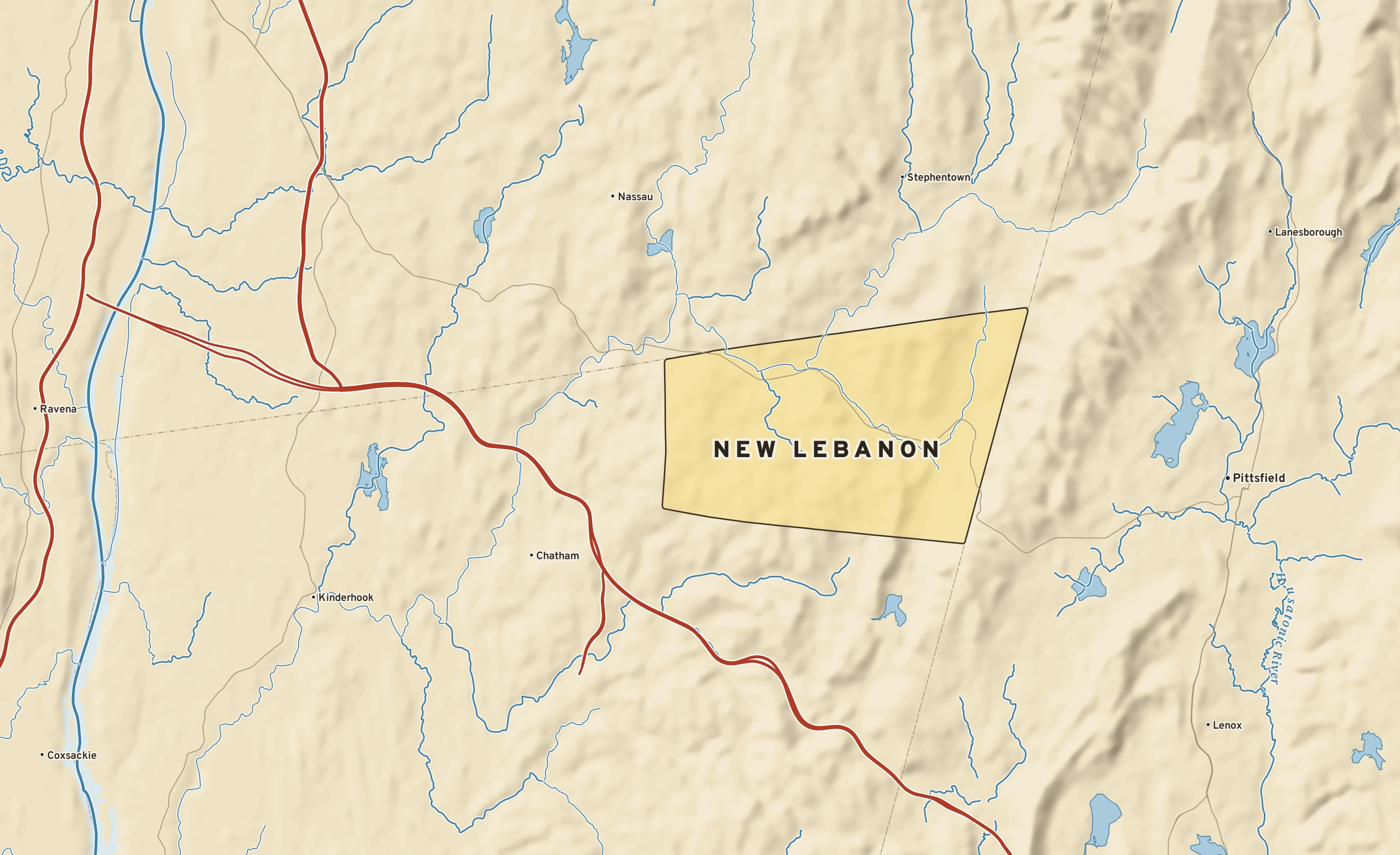 Shaded-relief atlas plate of New Lebanon, New York: rivers, roads, the city limits and where the water drains.